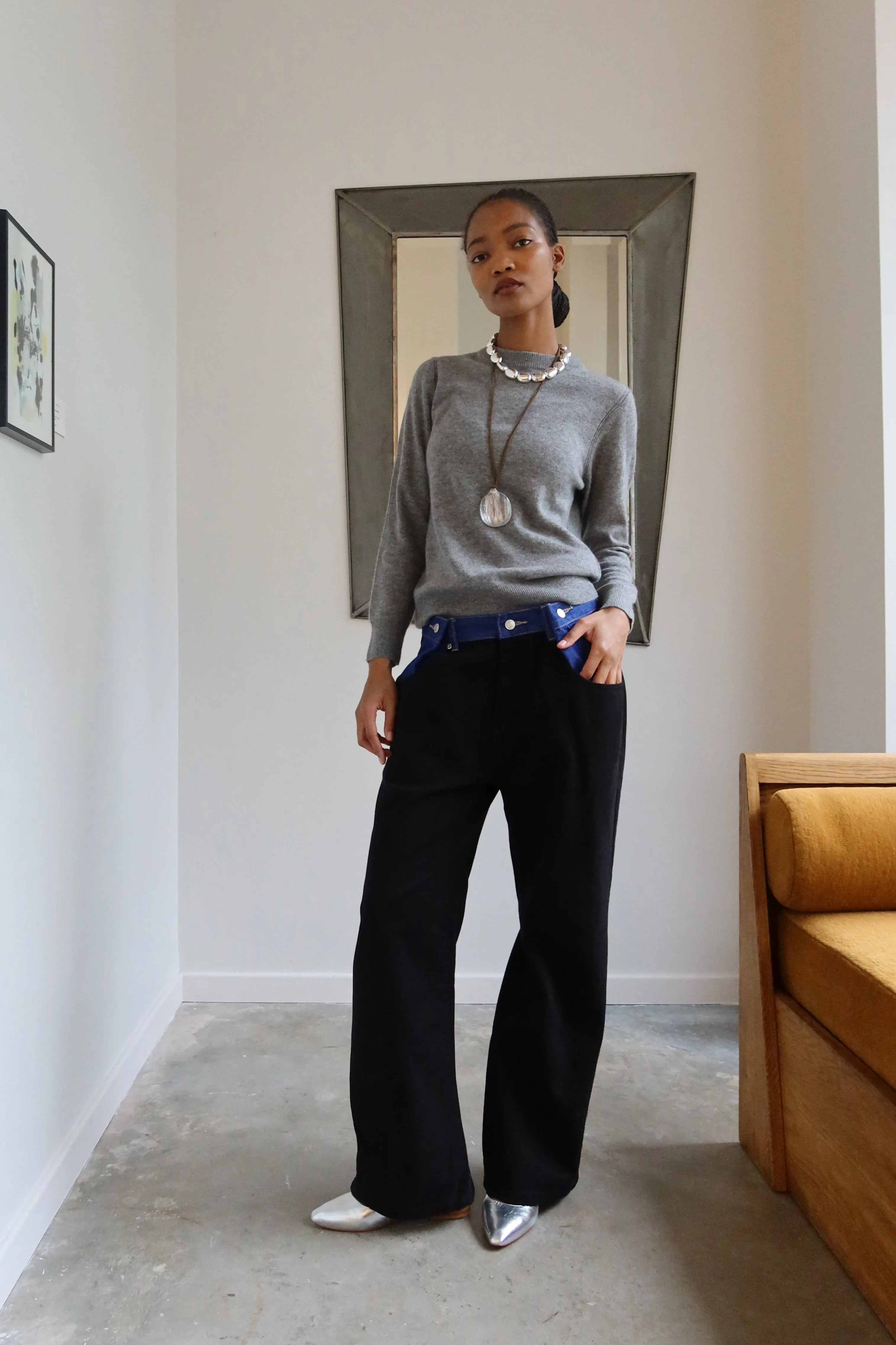 Black Color Block Button Waist Denim Pants