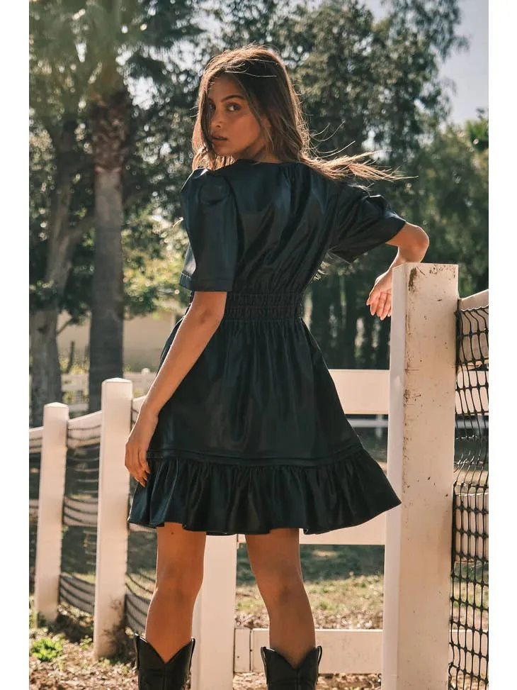 BLACK FAUX LEATHER PUFF SHORT SLEEVE SMOCKING DRESS