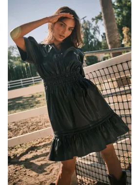 BLACK FAUX LEATHER PUFF SHORT SLEEVE SMOCKING DRESS