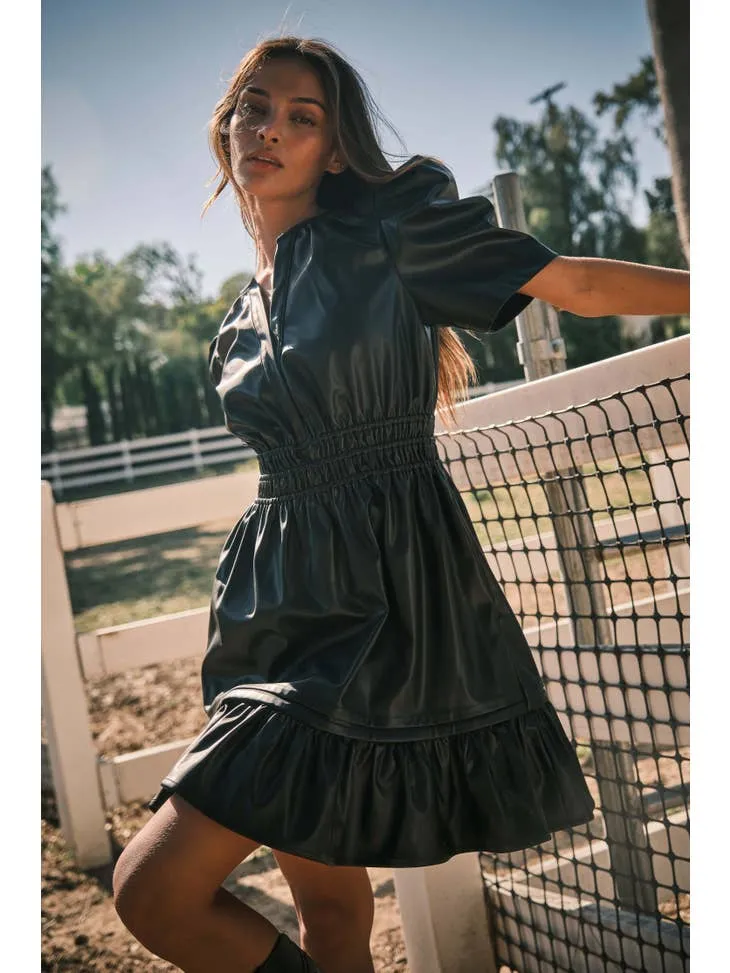 BLACK FAUX LEATHER PUFF SHORT SLEEVE SMOCKING DRESS