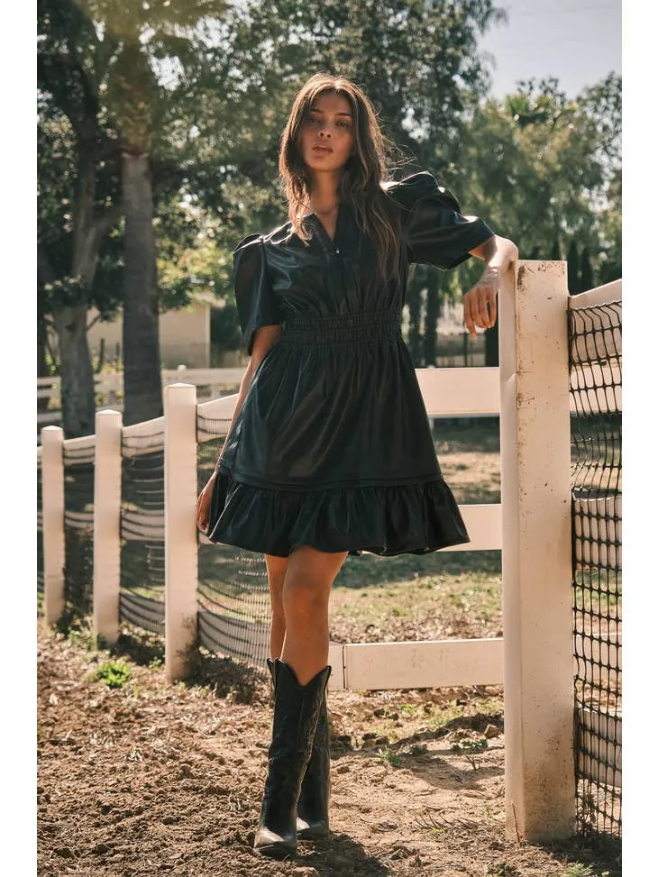 BLACK FAUX LEATHER PUFF SHORT SLEEVE SMOCKING DRESS