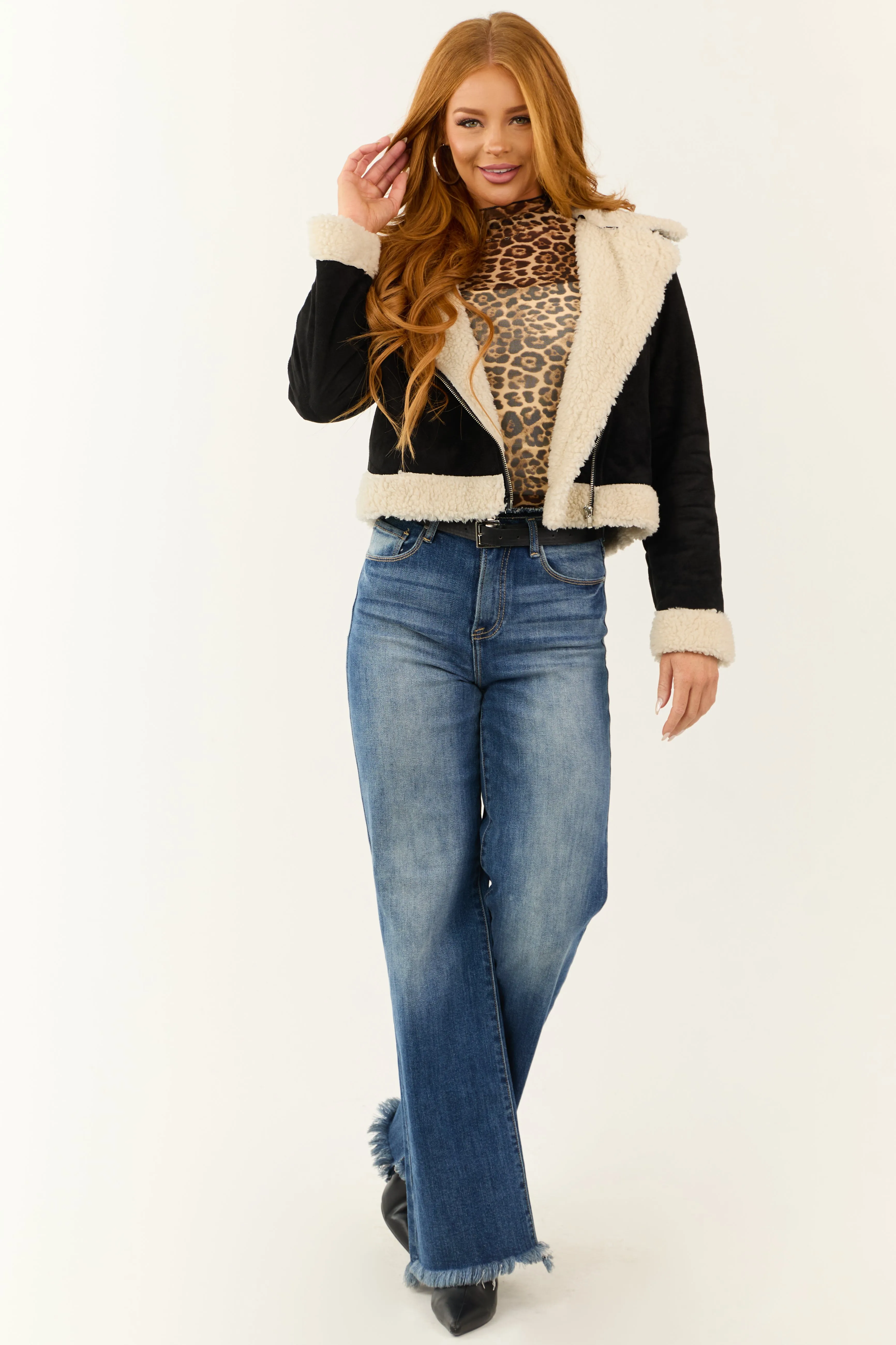 Black Faux Suede Sherpa Lined Biker Jacket