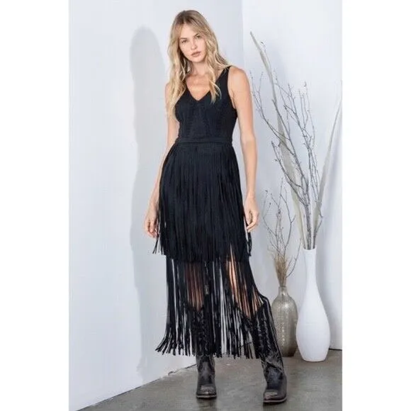 Black Faux Suede Western Fringe Sleeveless Southern Bohemian Dress