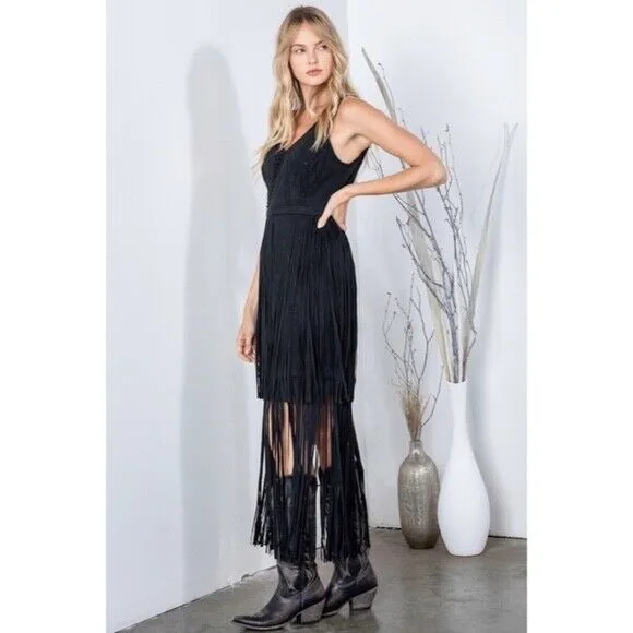 Black Faux Suede Western Fringe Sleeveless Southern Bohemian Dress