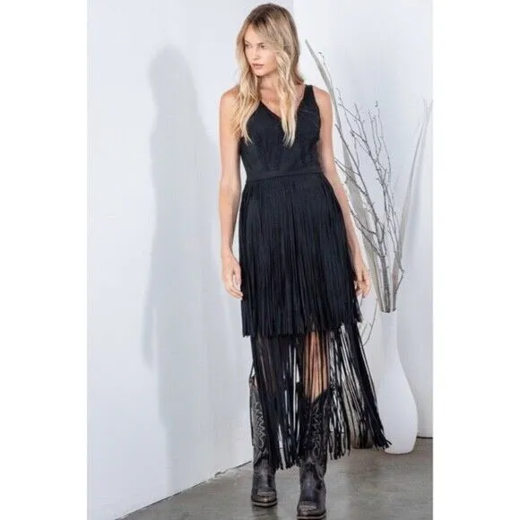 Black Faux Suede Western Fringe Sleeveless Southern Bohemian Dress