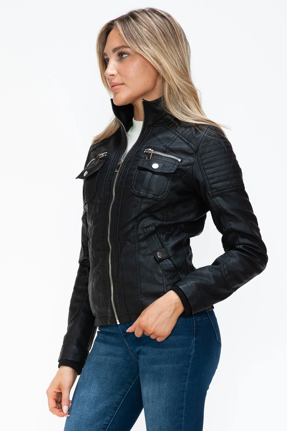 Black Multi-Pocket Vegan Leather Jacket