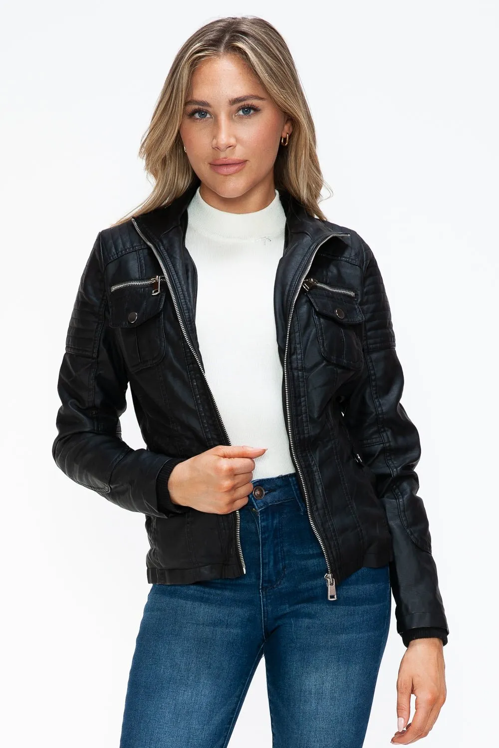 Black Multi-Pocket Vegan Leather Jacket