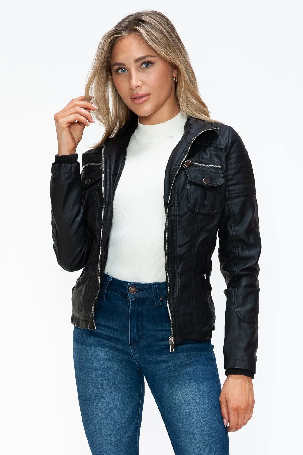 Black Multi-Pocket Vegan Leather Jacket