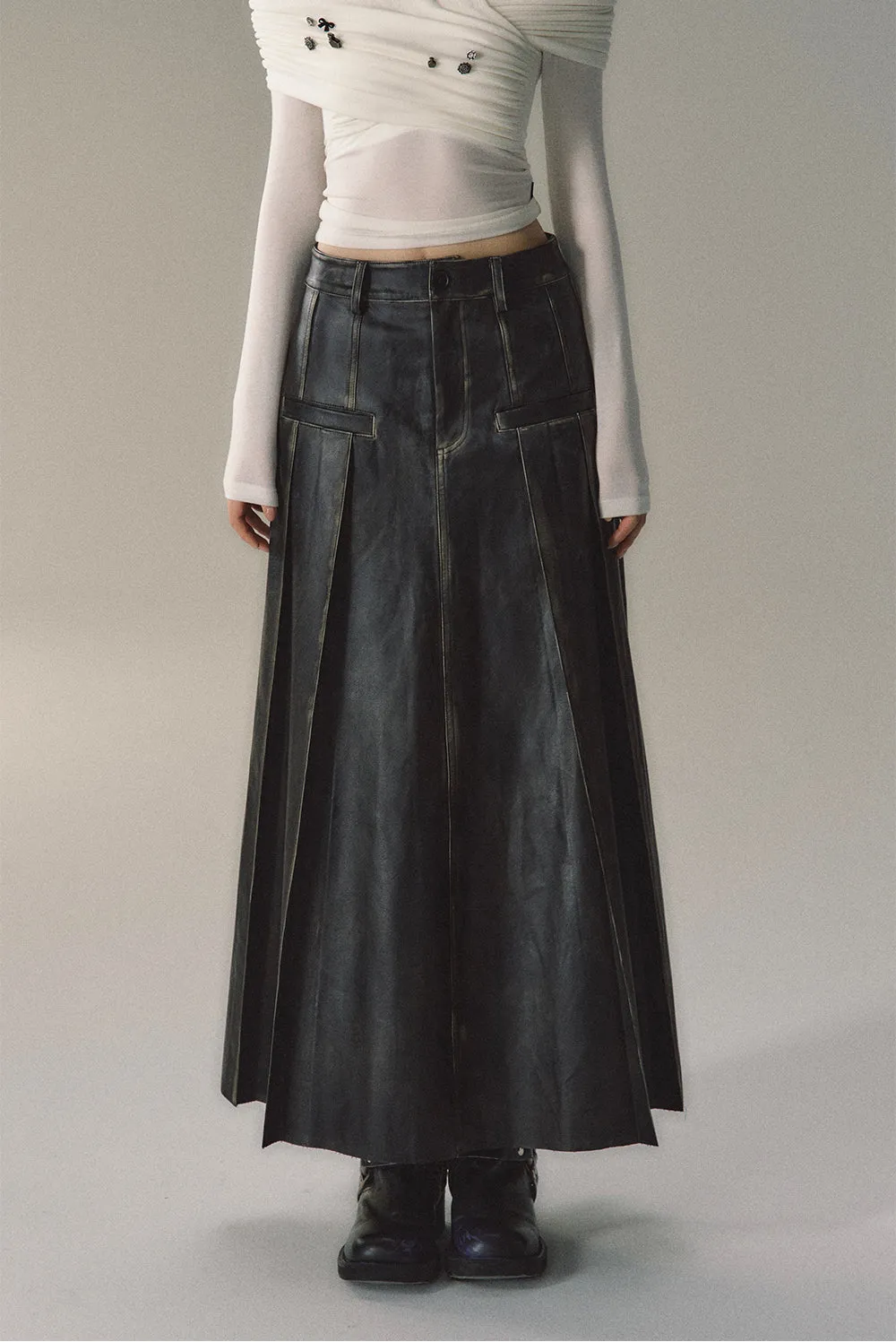 Black Pleated Leather Maxi Skirt