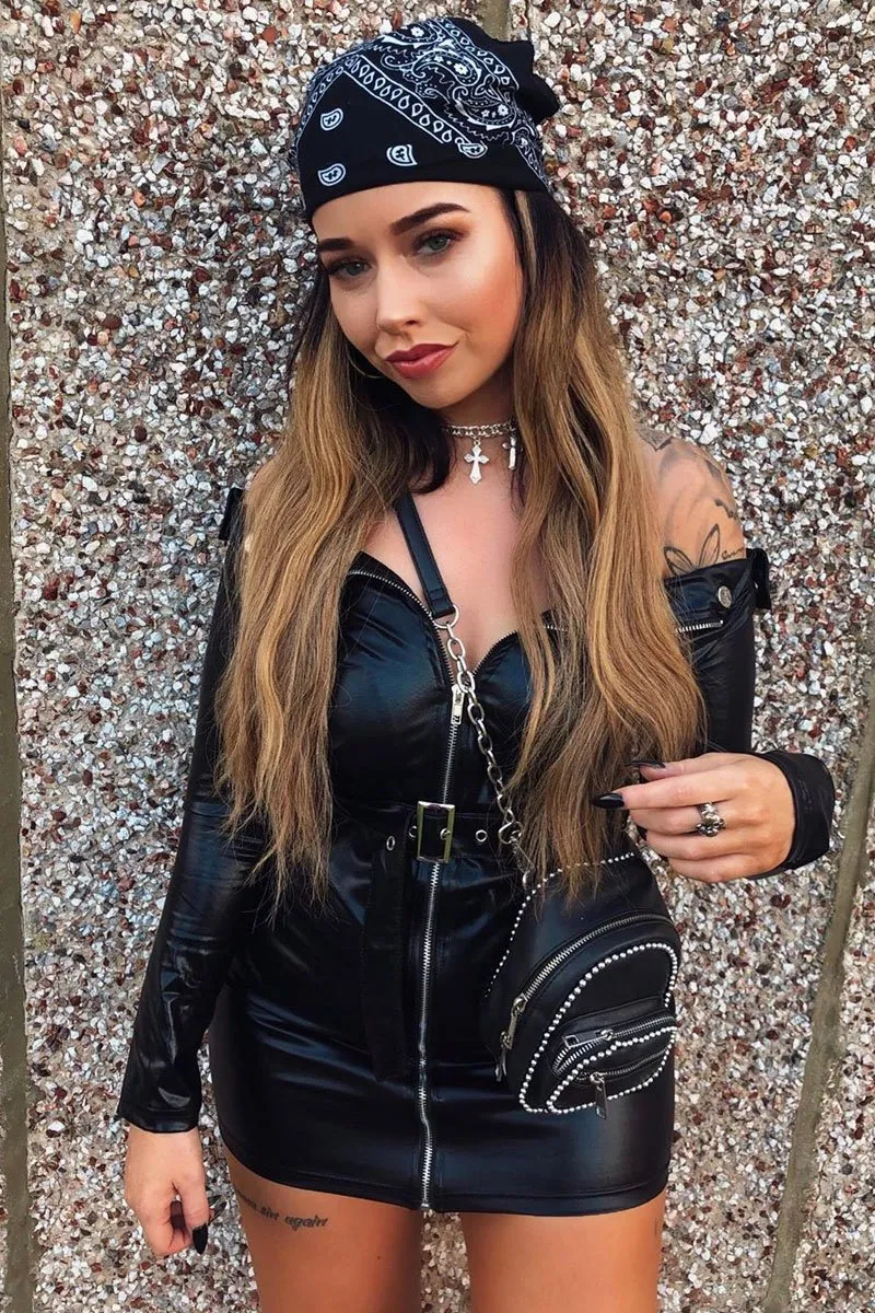 Black PU Leather Zip Front Biker Bodycon Dress - Yvanna