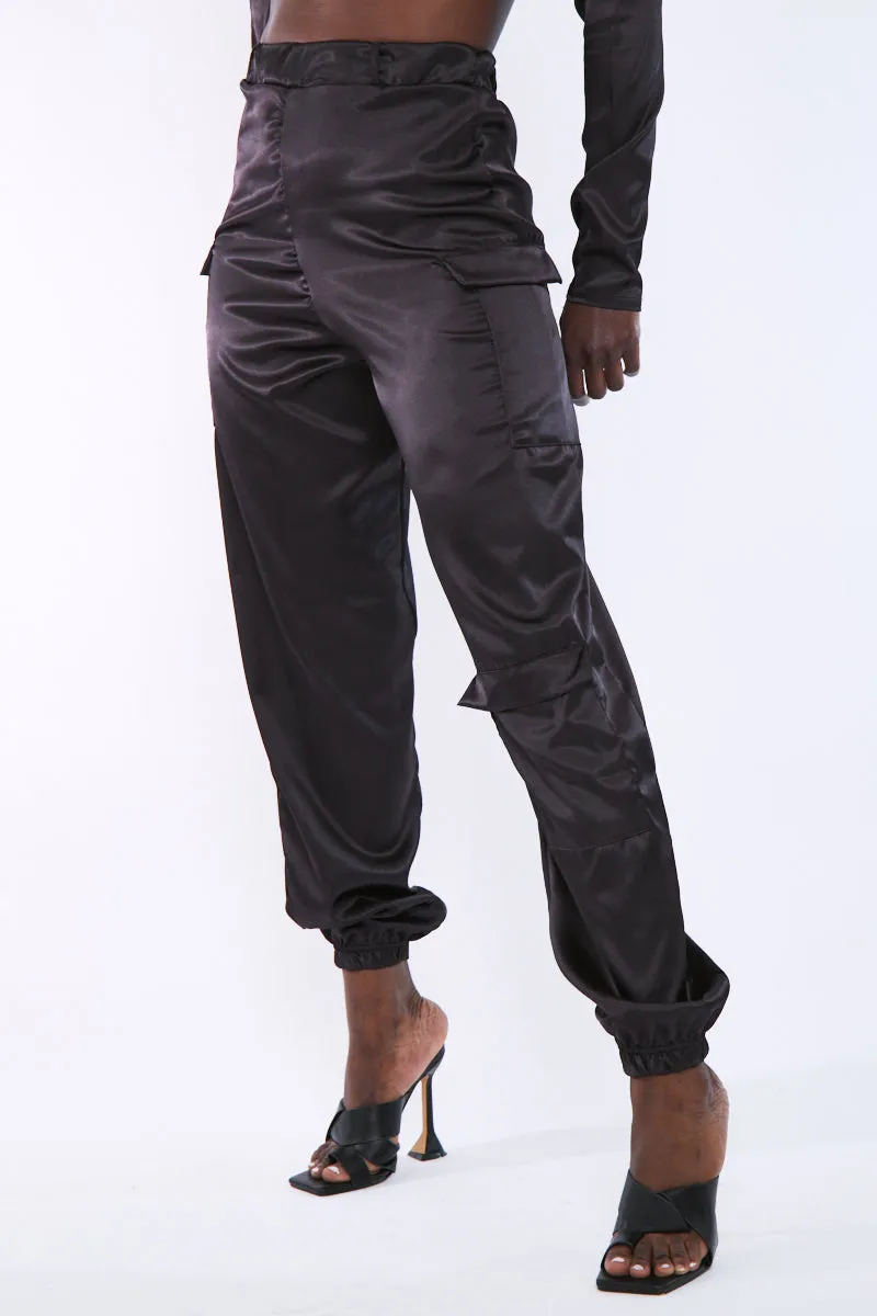 Black Satin Cargo Trousers - Maeve