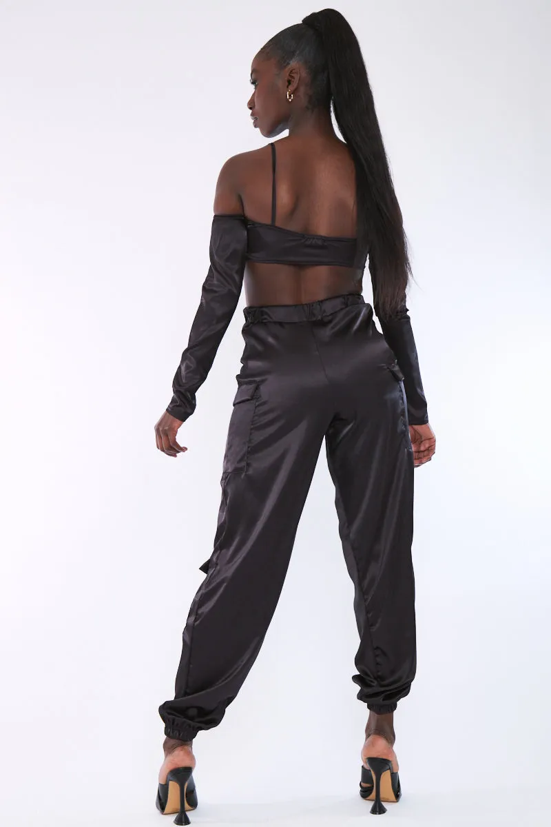 Black Satin Cargo Trousers - Maeve