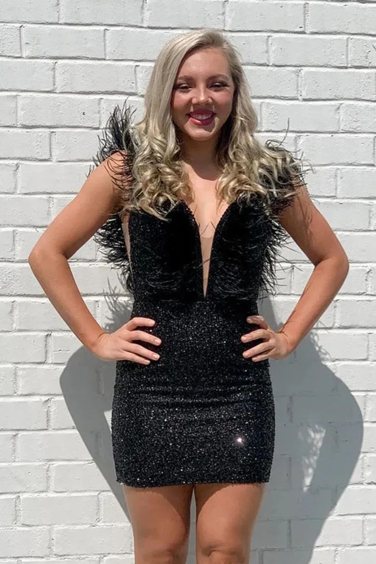 Black Sequins Low Back Feather Tight Homecoming Dress