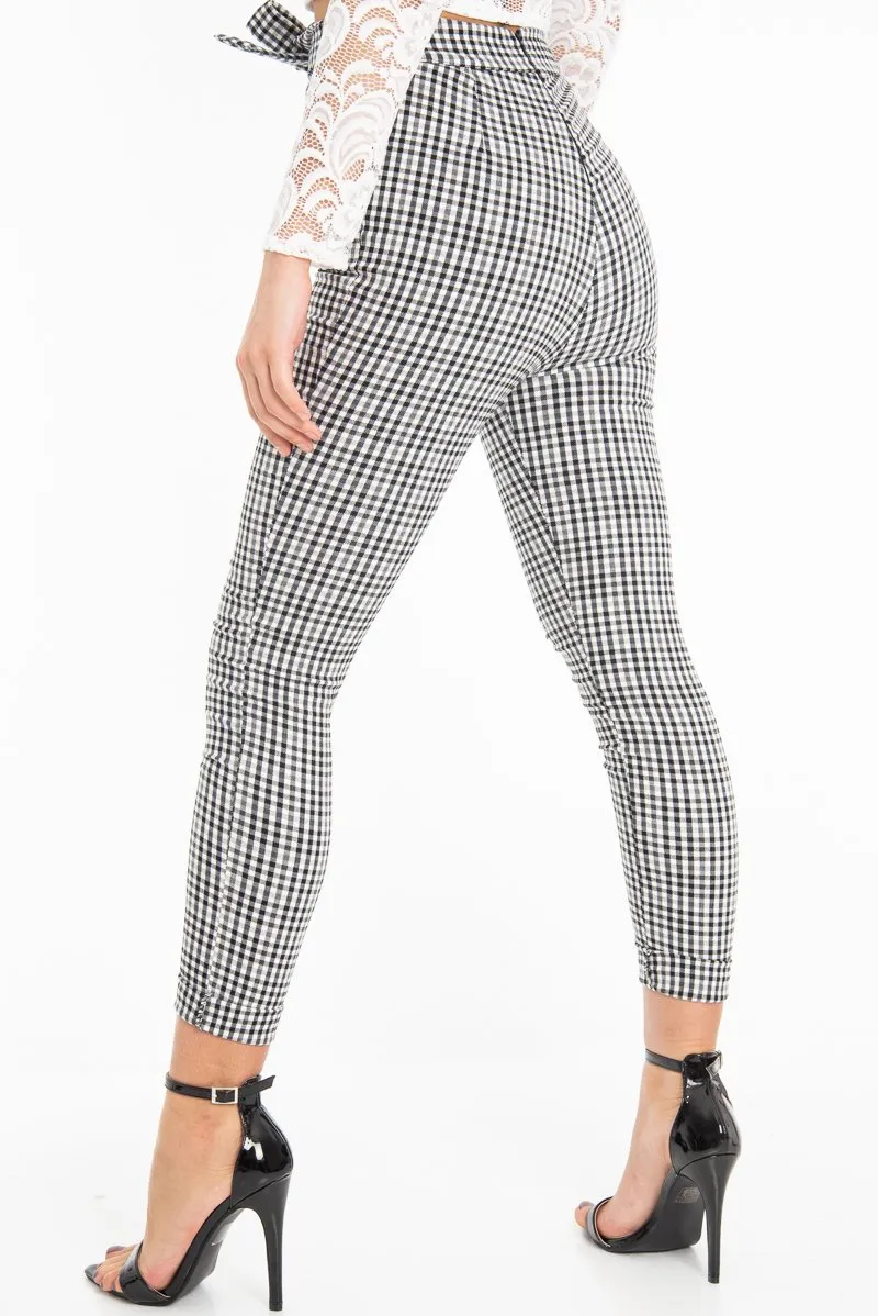 Black White Checked High Waist Tapered Tie Belt Trousers - Airis