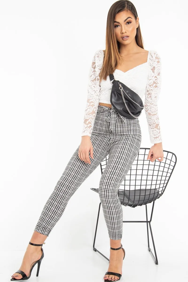 Black White Checked High Waist Tapered Tie Belt Trousers - Airis