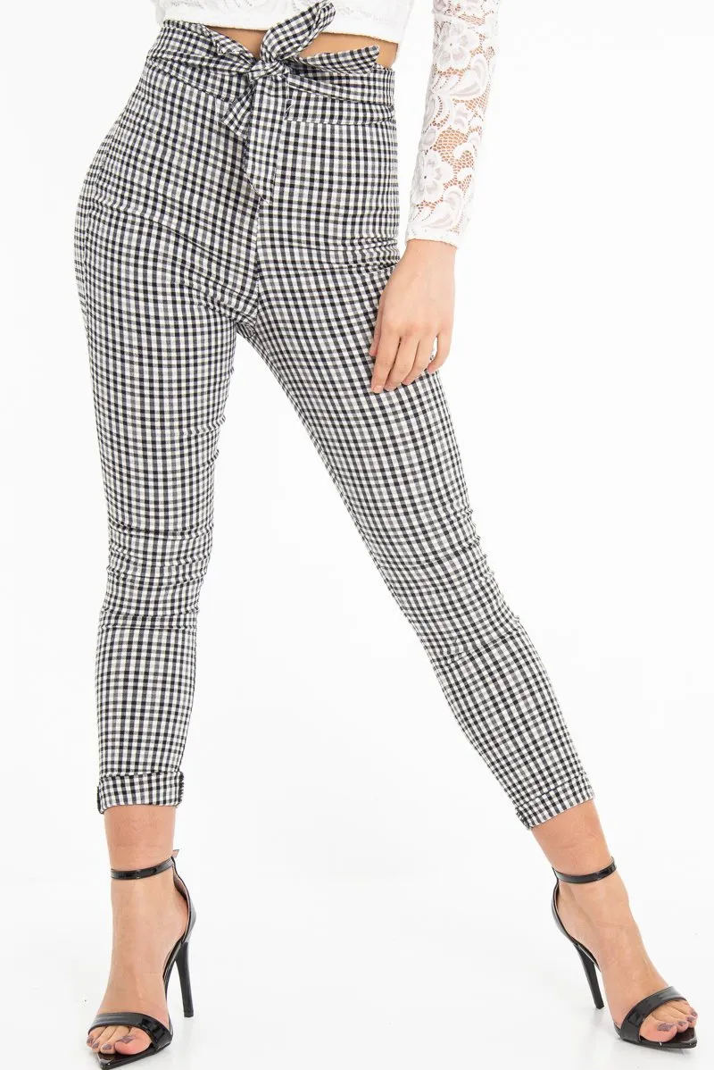 Black White Checked High Waist Tapered Tie Belt Trousers - Airis