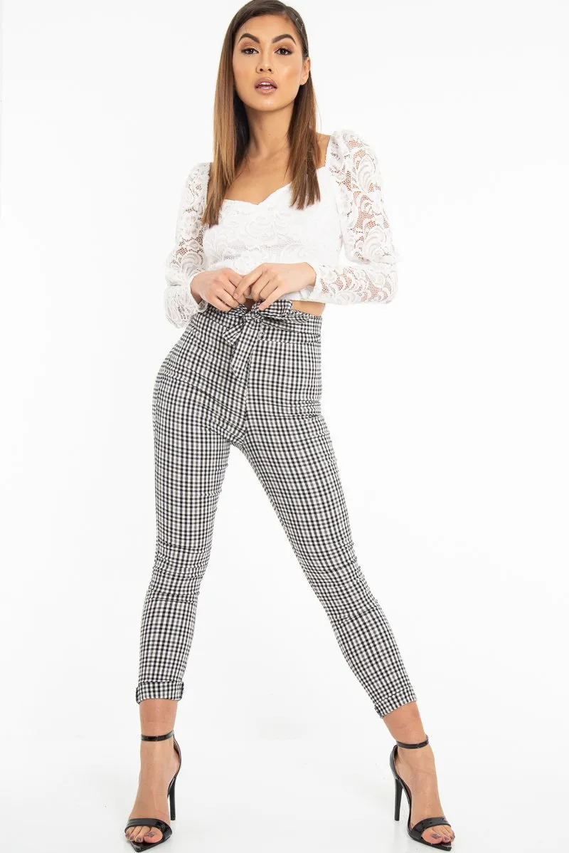 Black White Checked High Waist Tapered Tie Belt Trousers - Airis