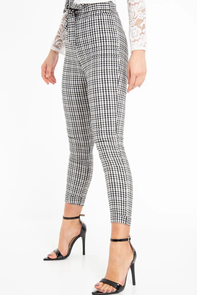 Black White Checked High Waist Tapered Tie Belt Trousers - Airis