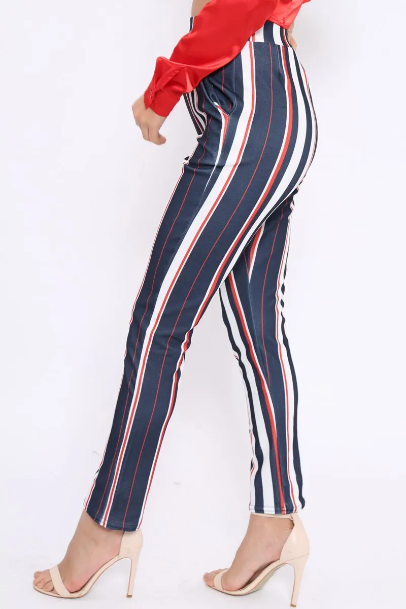 Blue Red and White Striped Tapered Trousers - Jasmyn