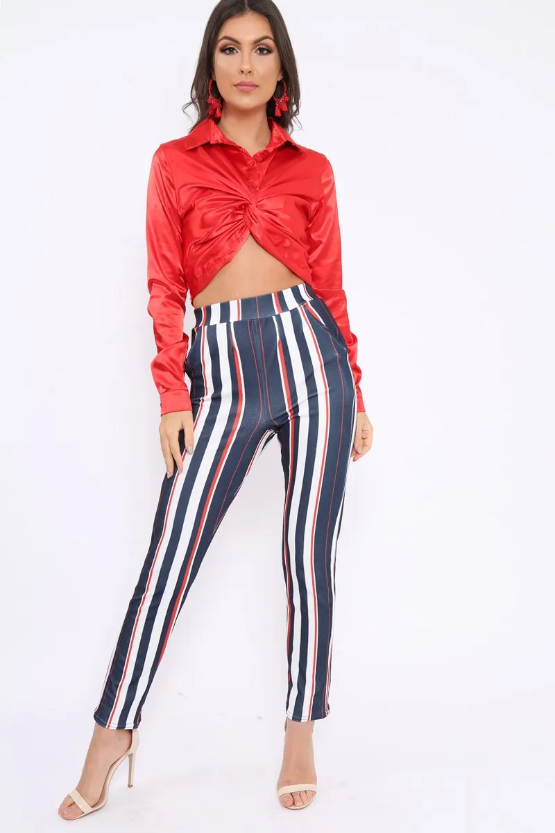 Blue Red and White Striped Tapered Trousers - Jasmyn