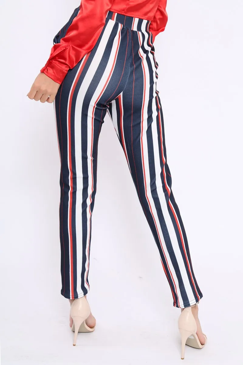 Blue Red and White Striped Tapered Trousers - Jasmyn