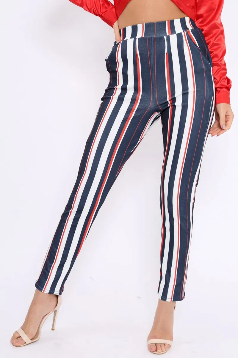 Blue Red and White Striped Tapered Trousers - Jasmyn