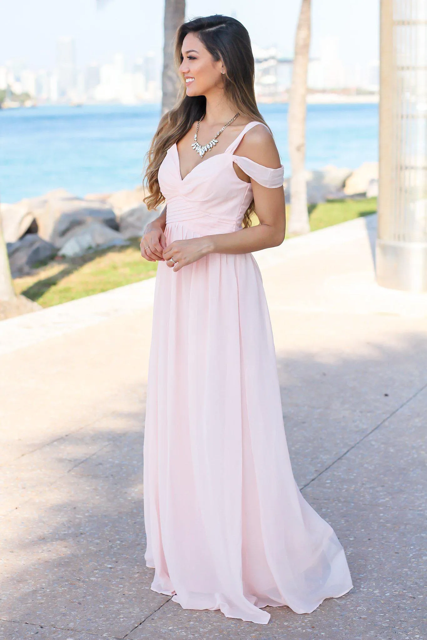 Blush Off Shoulder Maxi Dress with Pleated Top