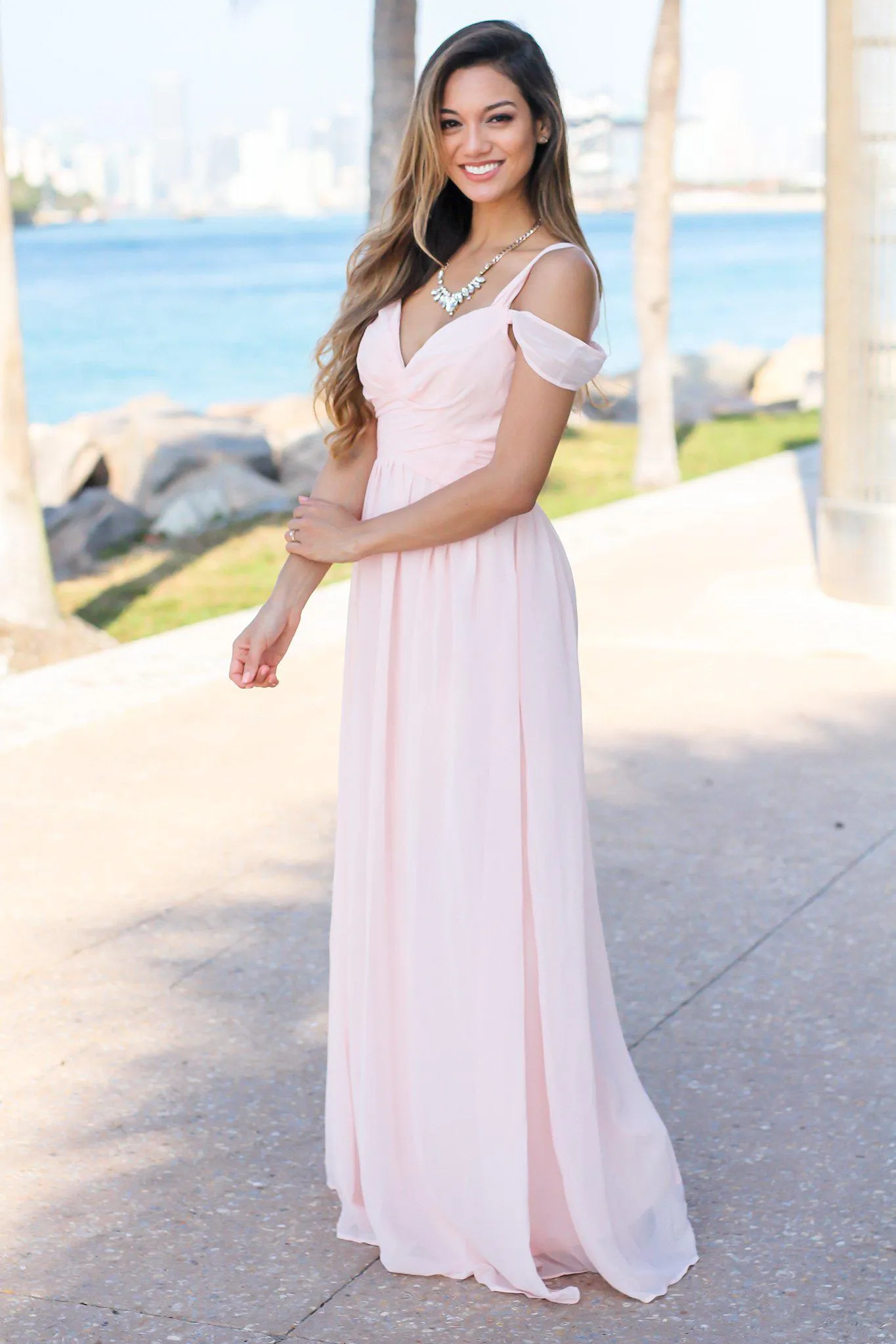 Blush Off Shoulder Maxi Dress with Pleated Top