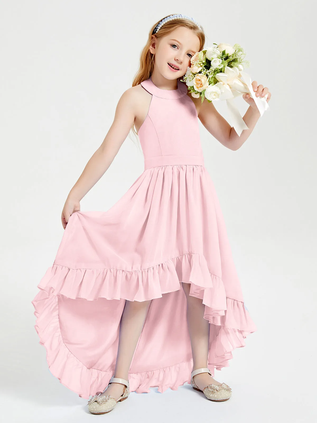 Boho Junior Bridesmaid Dresses Asymmetrical Cascading Skirt Blushing Pink