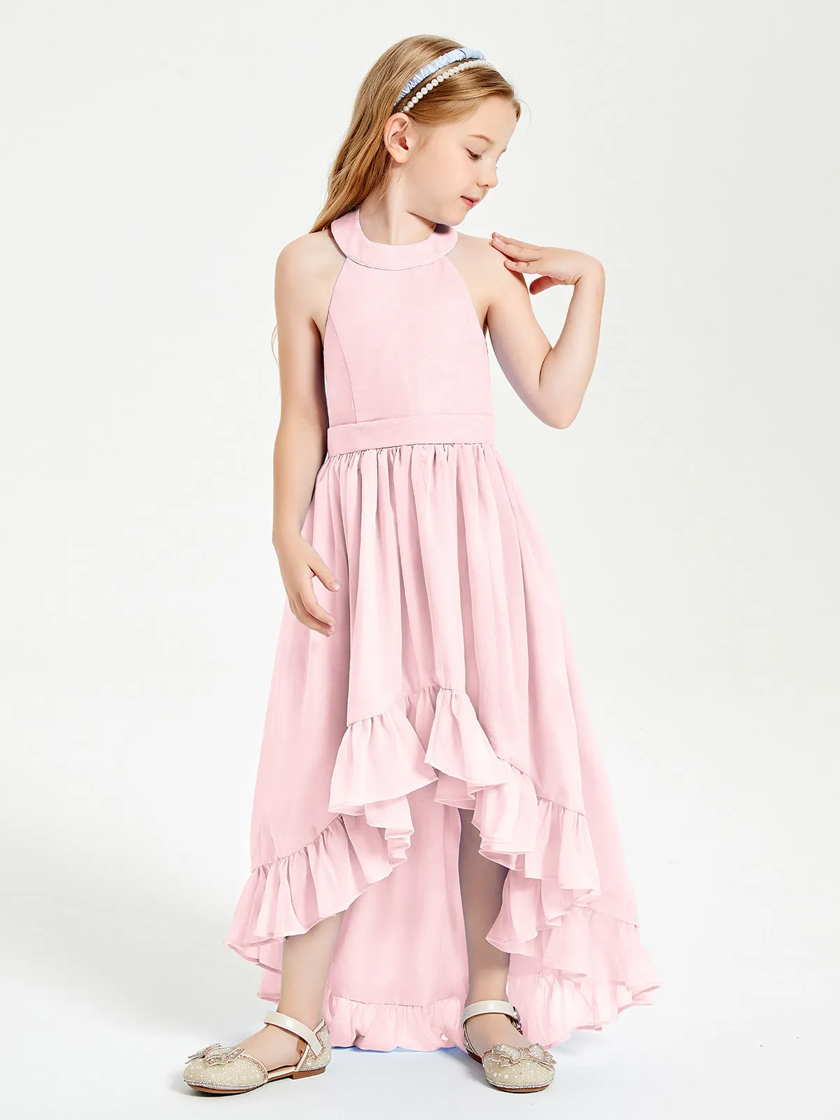 Boho Junior Bridesmaid Dresses Asymmetrical Cascading Skirt Blushing Pink