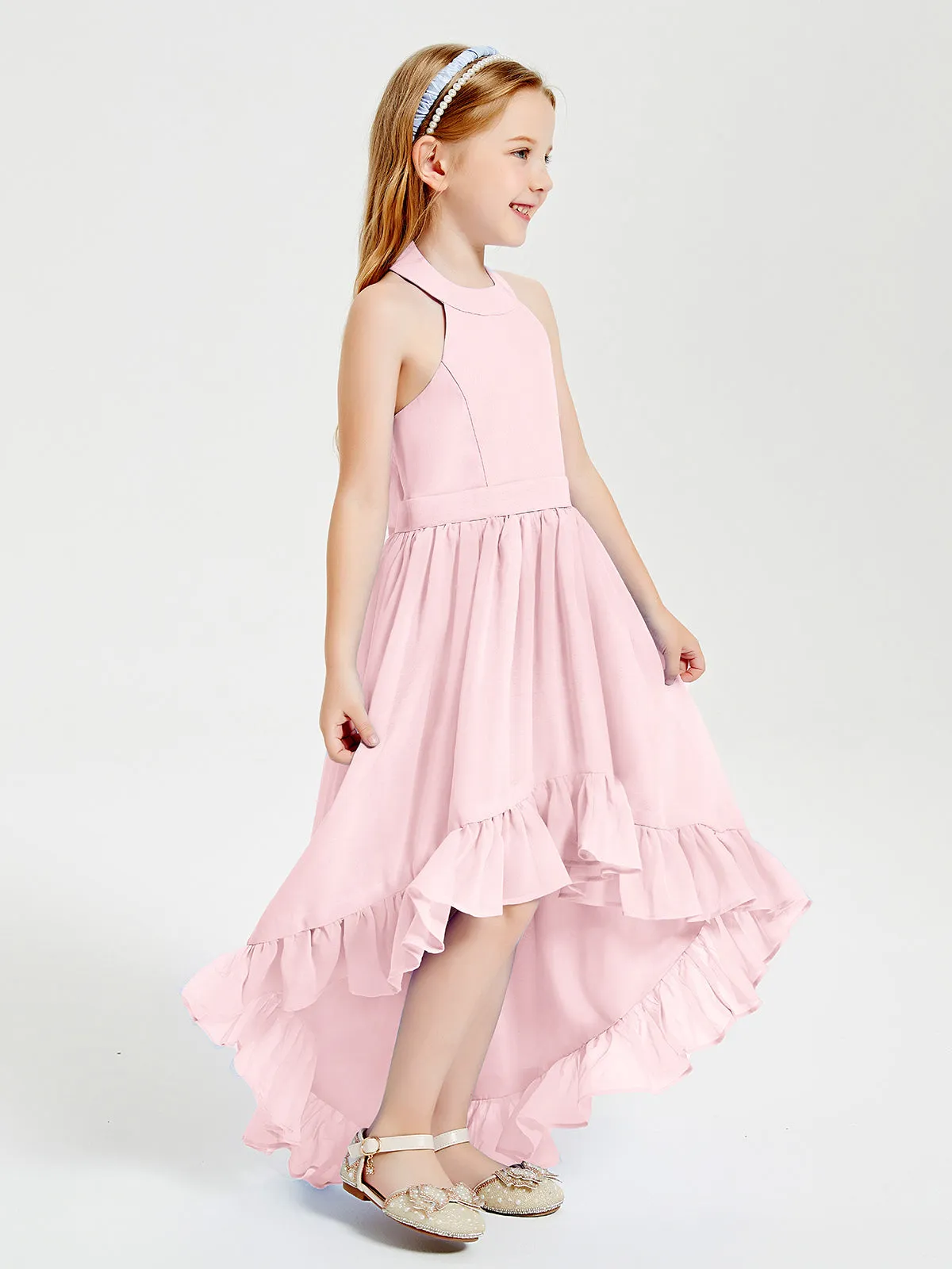 Boho Junior Bridesmaid Dresses Asymmetrical Cascading Skirt Blushing Pink