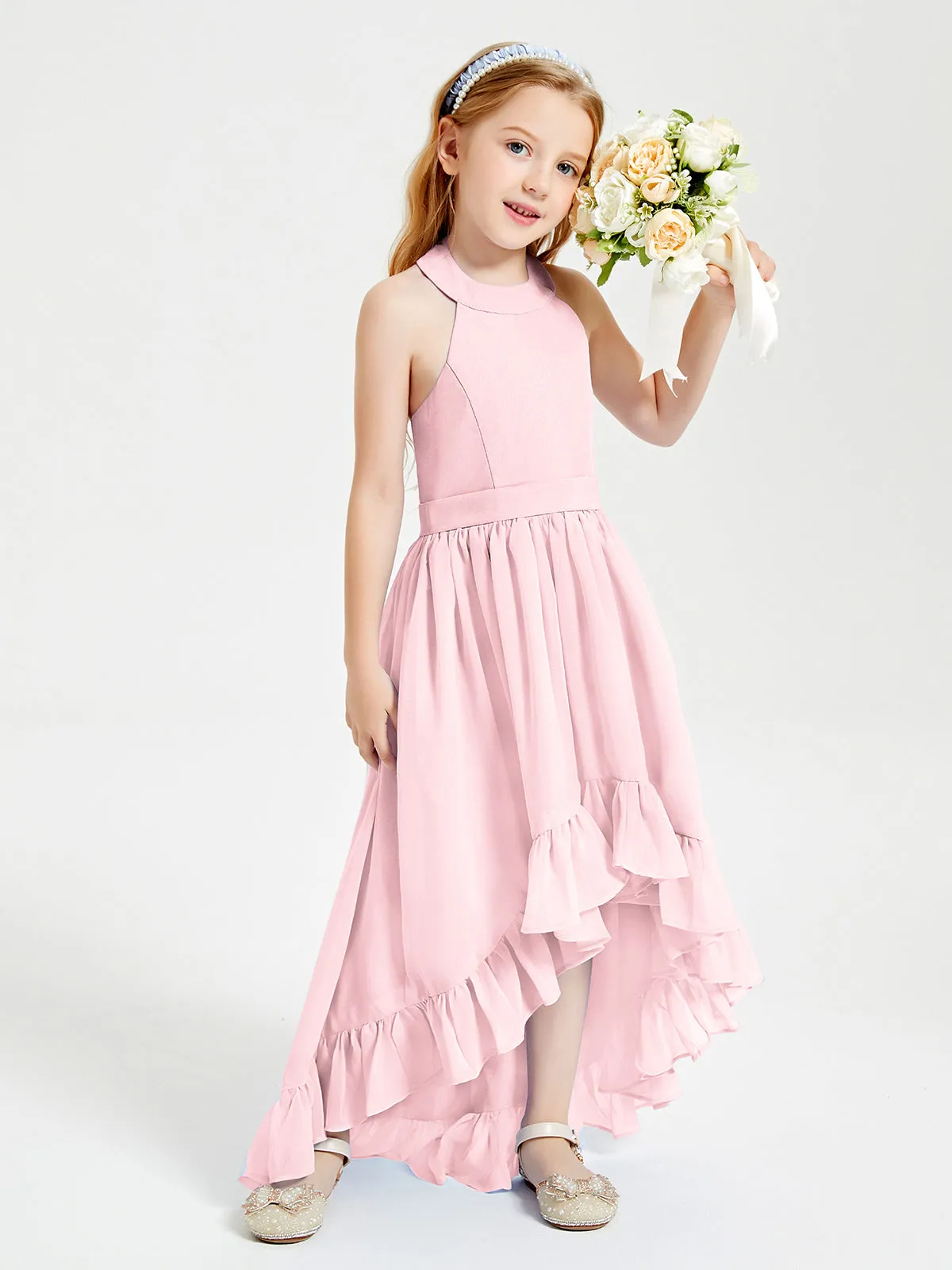 Boho Junior Bridesmaid Dresses Asymmetrical Cascading Skirt Blushing Pink