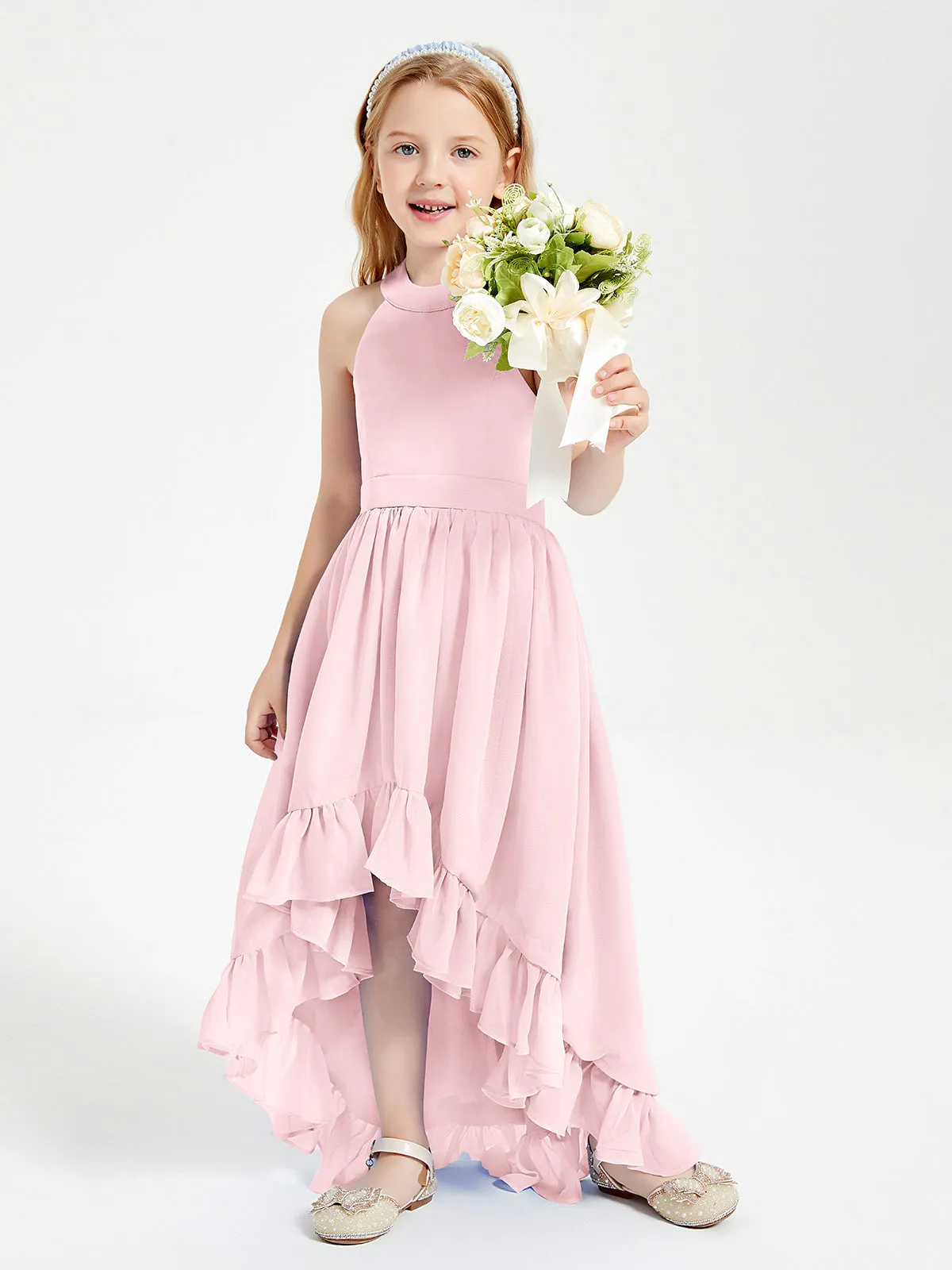 Boho Junior Bridesmaid Dresses Asymmetrical Cascading Skirt Blushing Pink