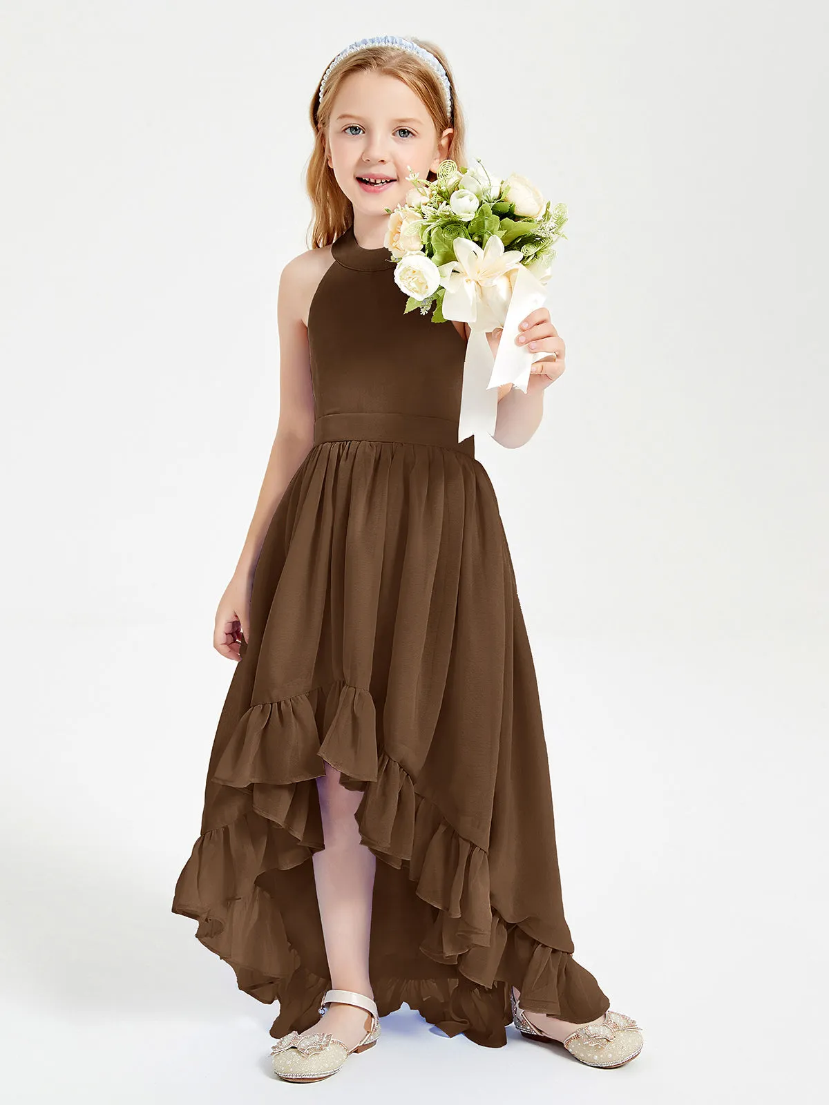 Boho Junior Bridesmaid Dresses Asymmetrical Cascading Skirt Brown