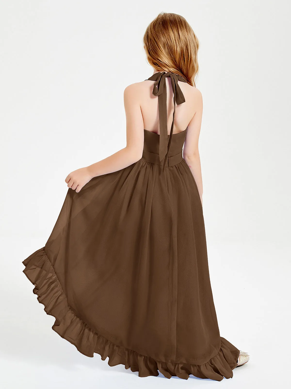 Boho Junior Bridesmaid Dresses Asymmetrical Cascading Skirt Brown