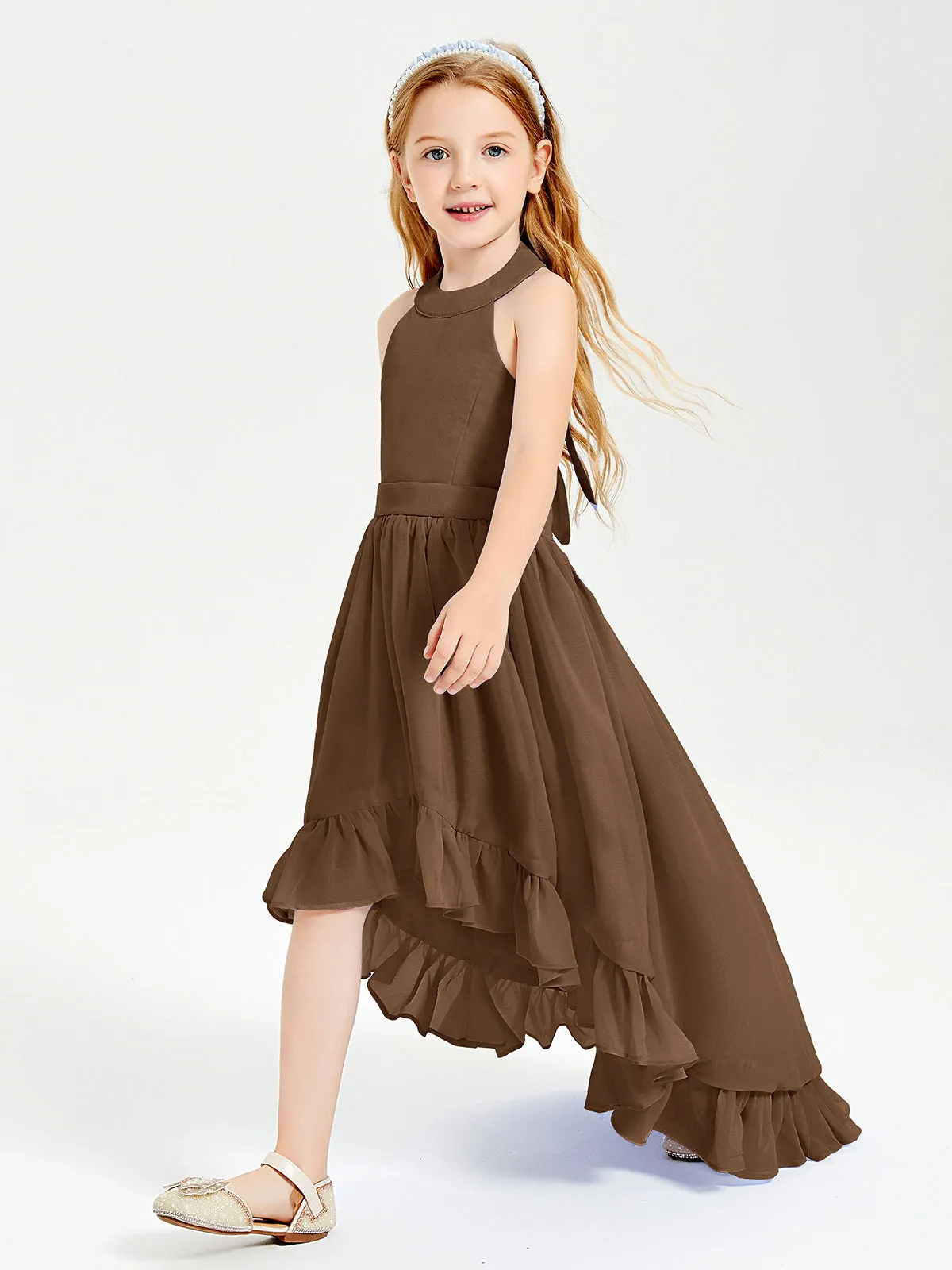 Boho Junior Bridesmaid Dresses Asymmetrical Cascading Skirt Brown