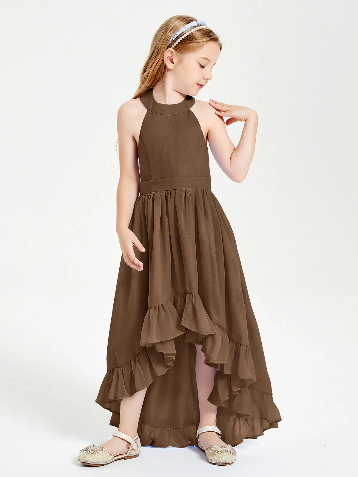 Boho Junior Bridesmaid Dresses Asymmetrical Cascading Skirt Brown