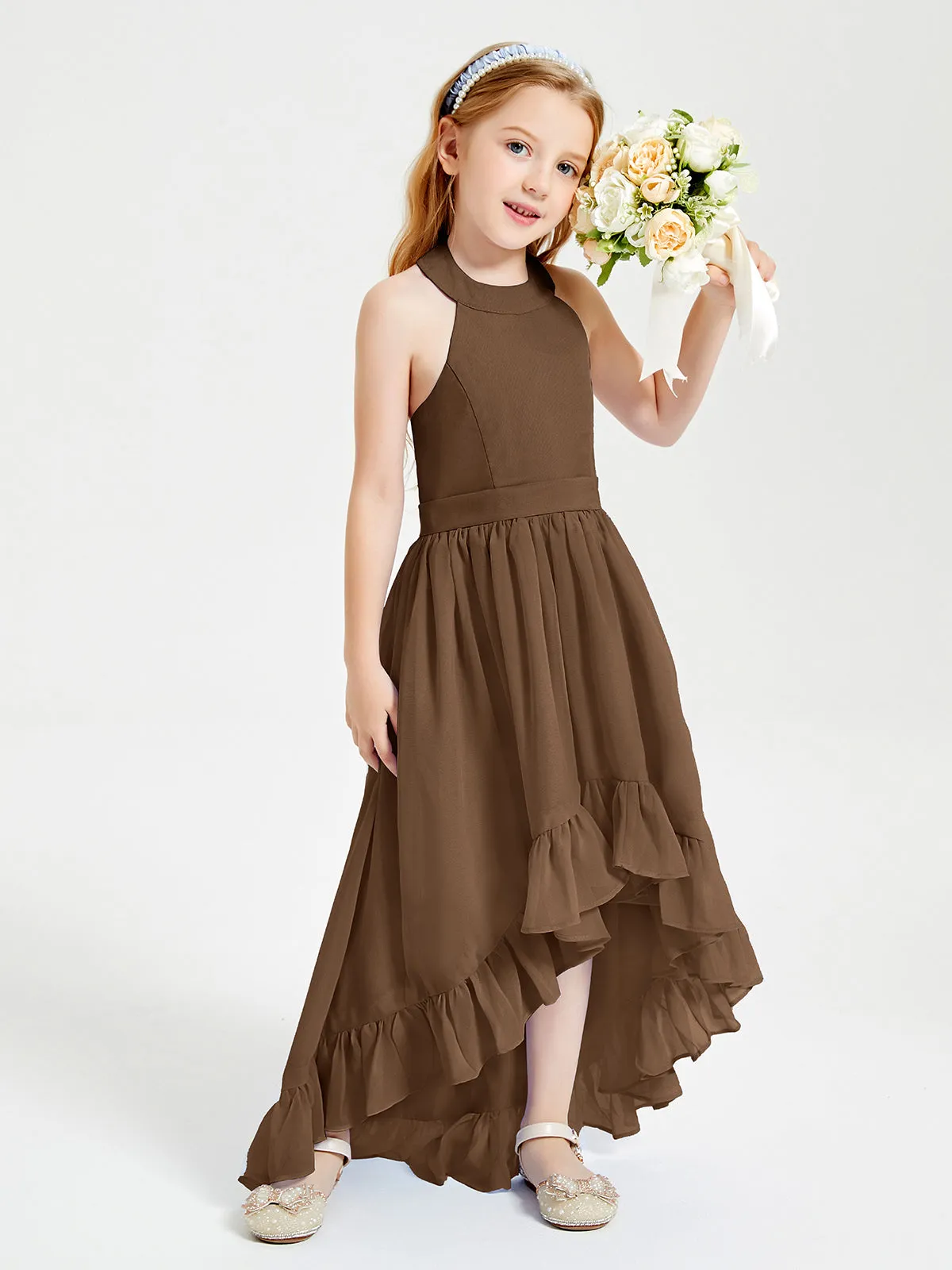 Boho Junior Bridesmaid Dresses Asymmetrical Cascading Skirt Brown