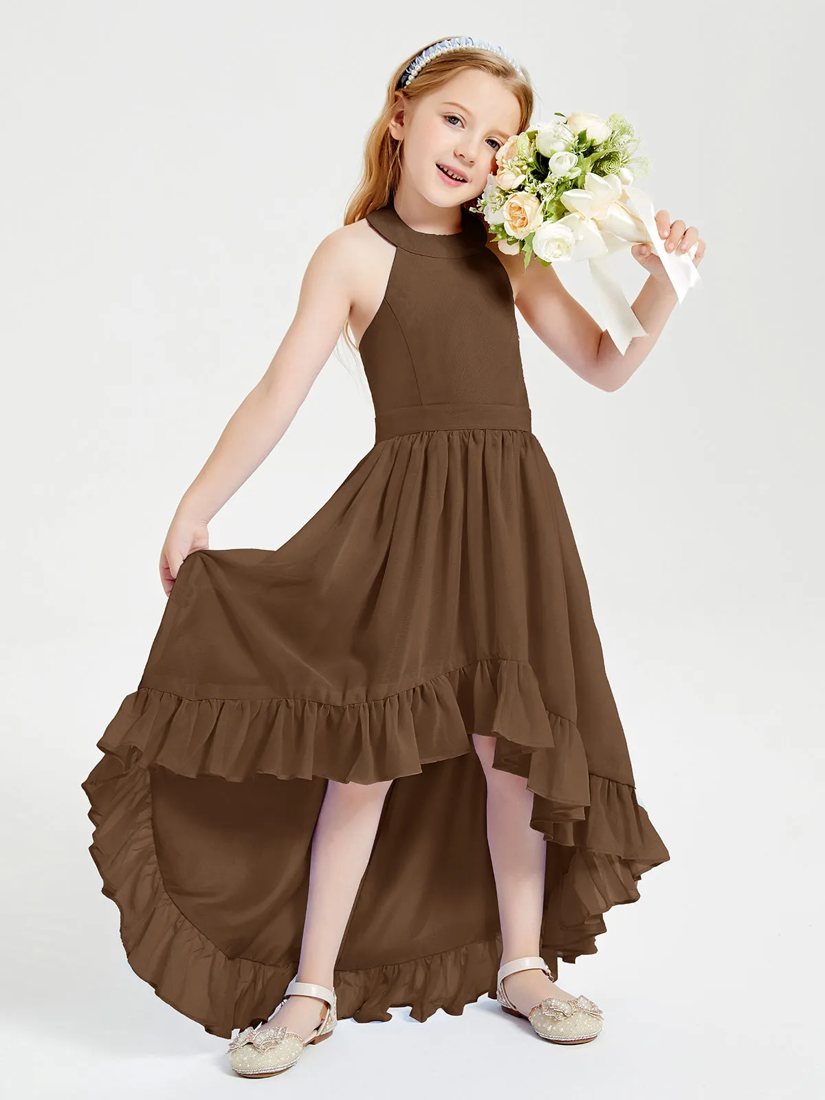 Boho Junior Bridesmaid Dresses Asymmetrical Cascading Skirt Brown