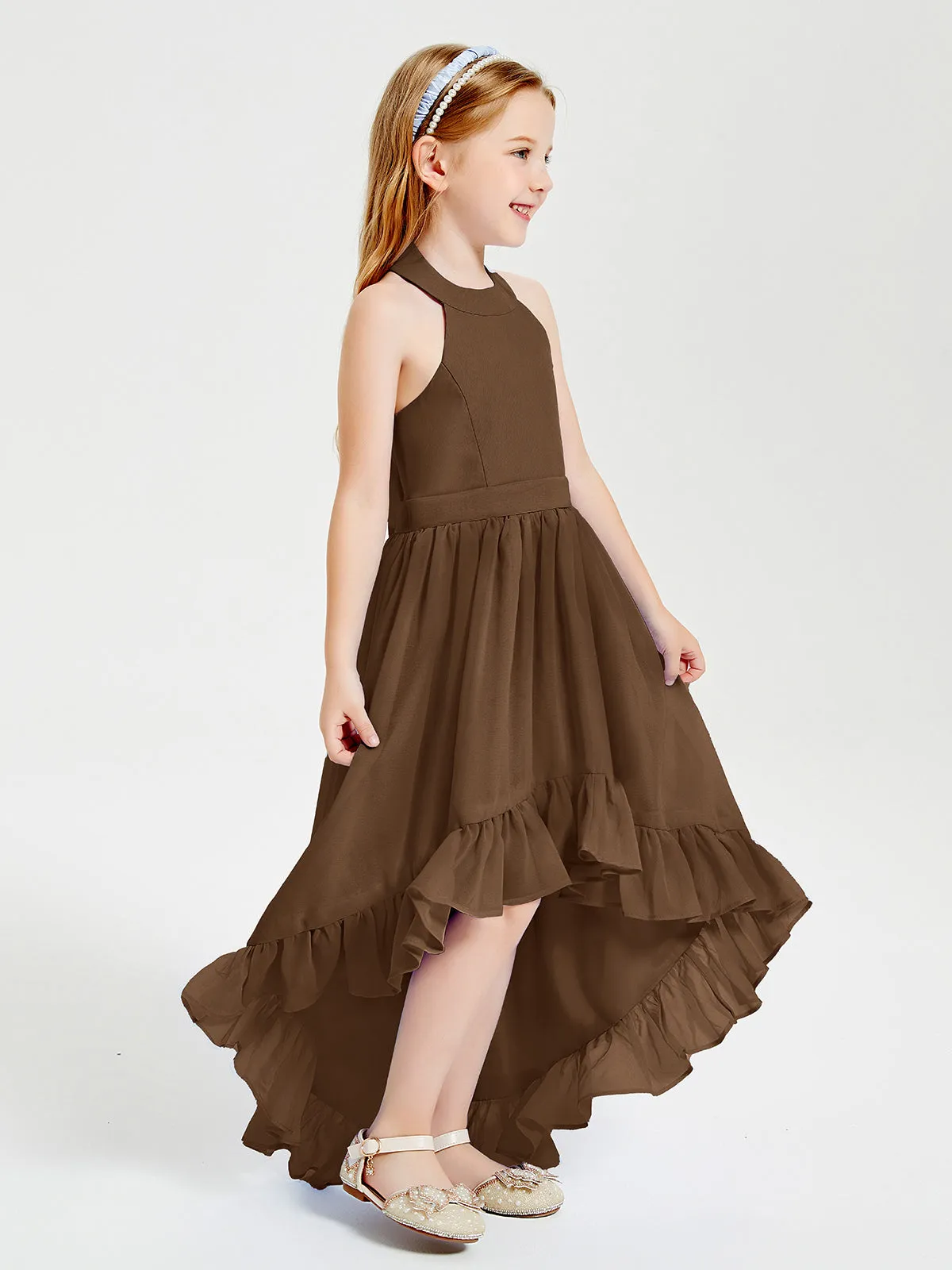 Boho Junior Bridesmaid Dresses Asymmetrical Cascading Skirt Brown