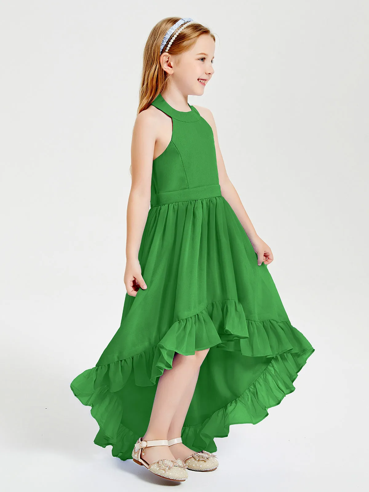 Boho Junior Bridesmaid Dresses Asymmetrical Cascading Skirt Green