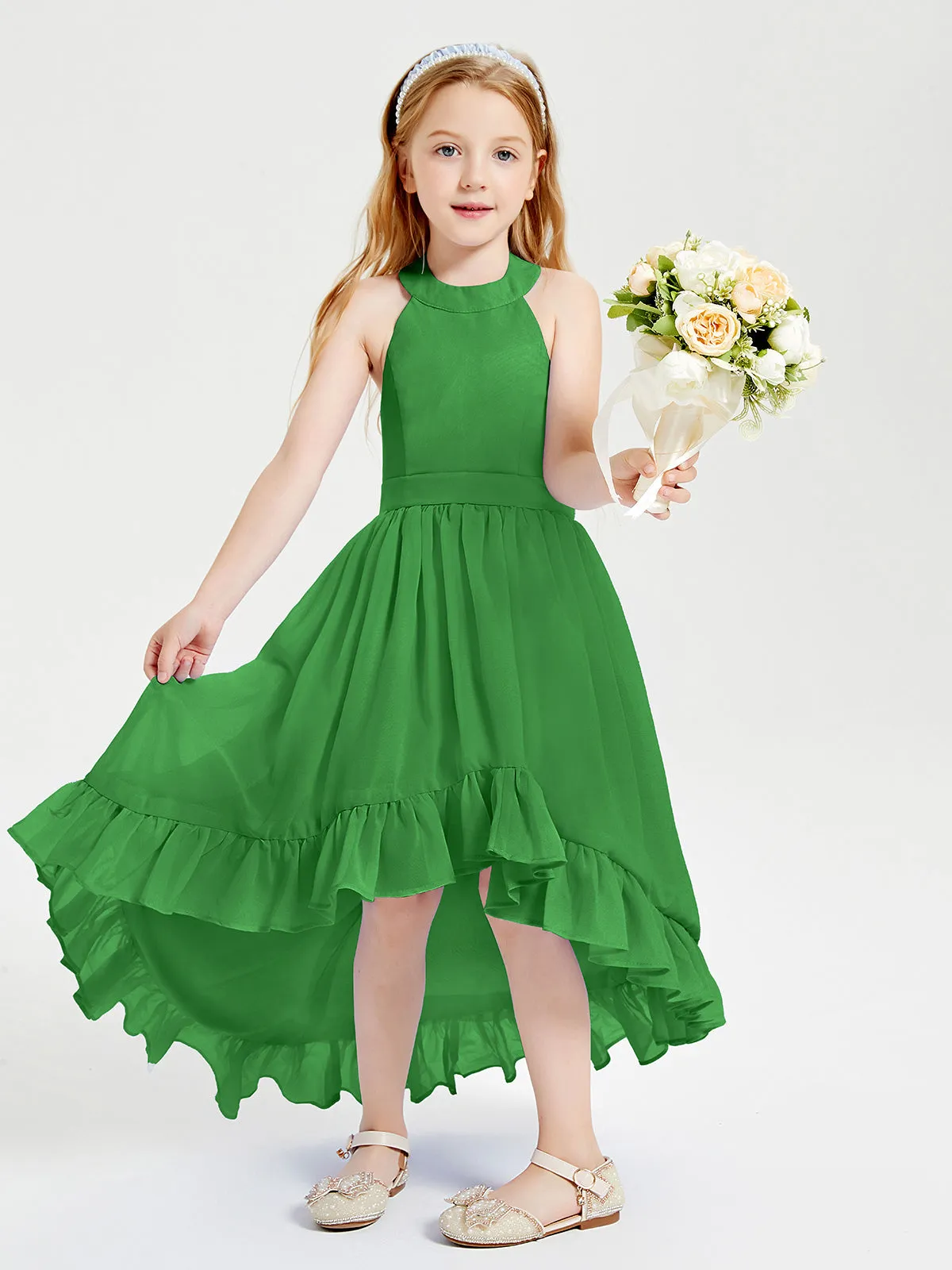 Boho Junior Bridesmaid Dresses Asymmetrical Cascading Skirt Green