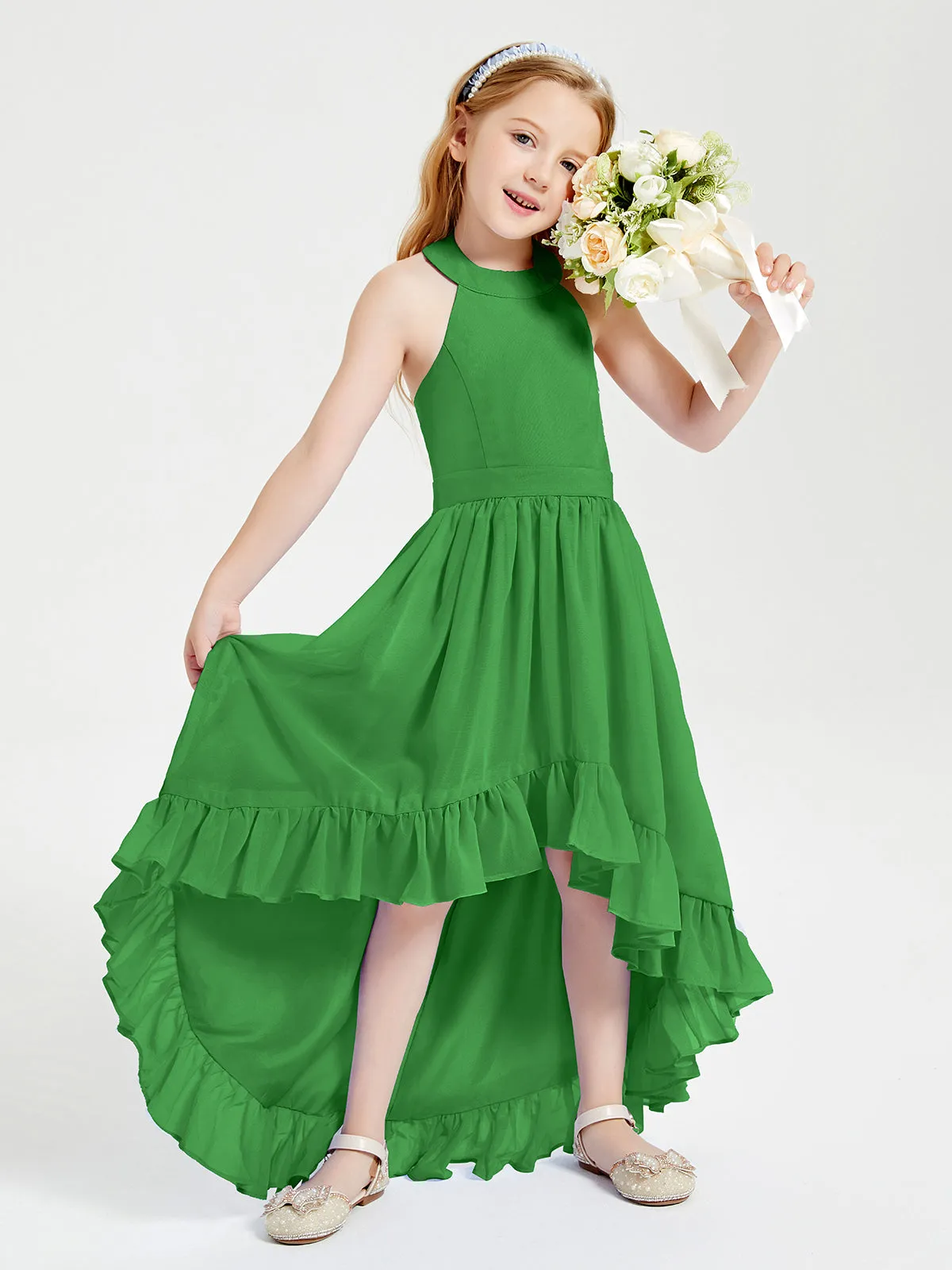 Boho Junior Bridesmaid Dresses Asymmetrical Cascading Skirt Green