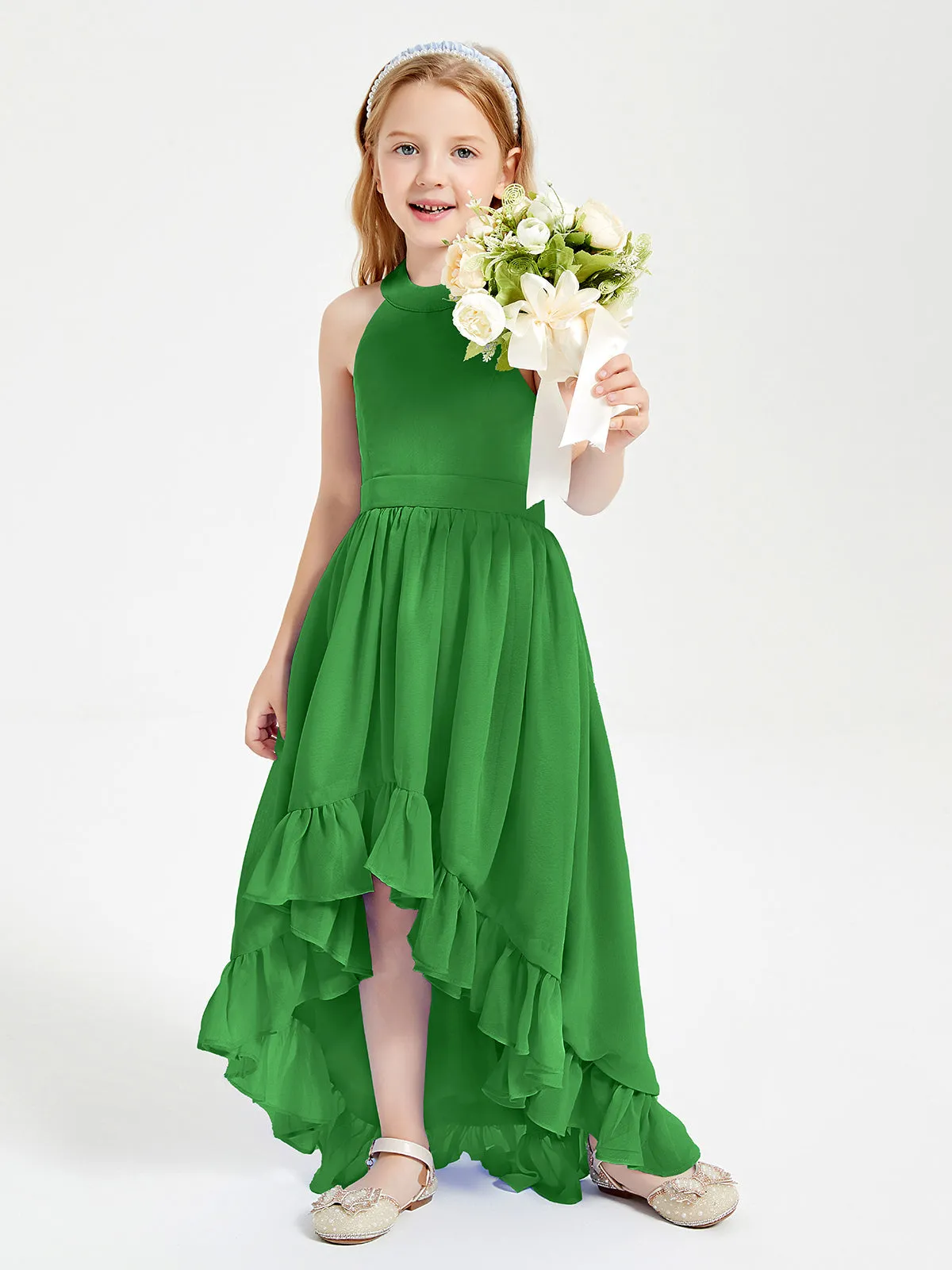 Boho Junior Bridesmaid Dresses Asymmetrical Cascading Skirt Green