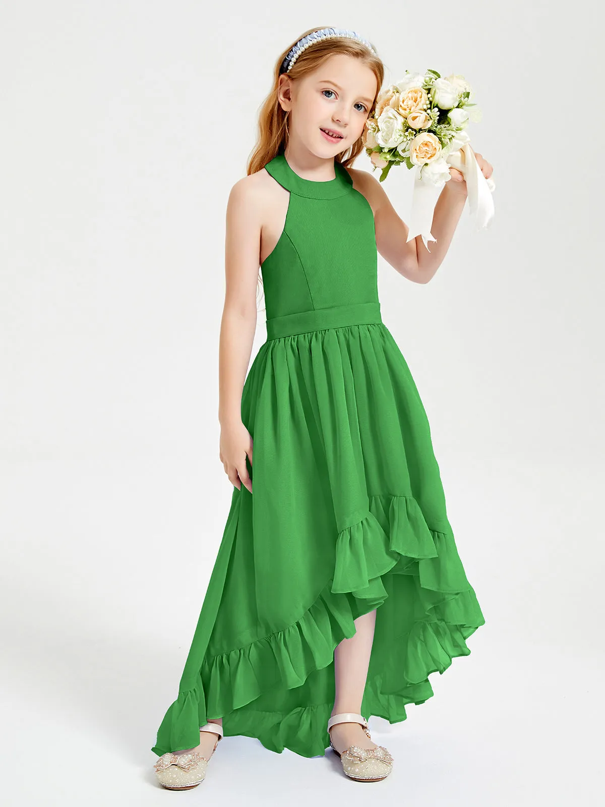 Boho Junior Bridesmaid Dresses Asymmetrical Cascading Skirt Green