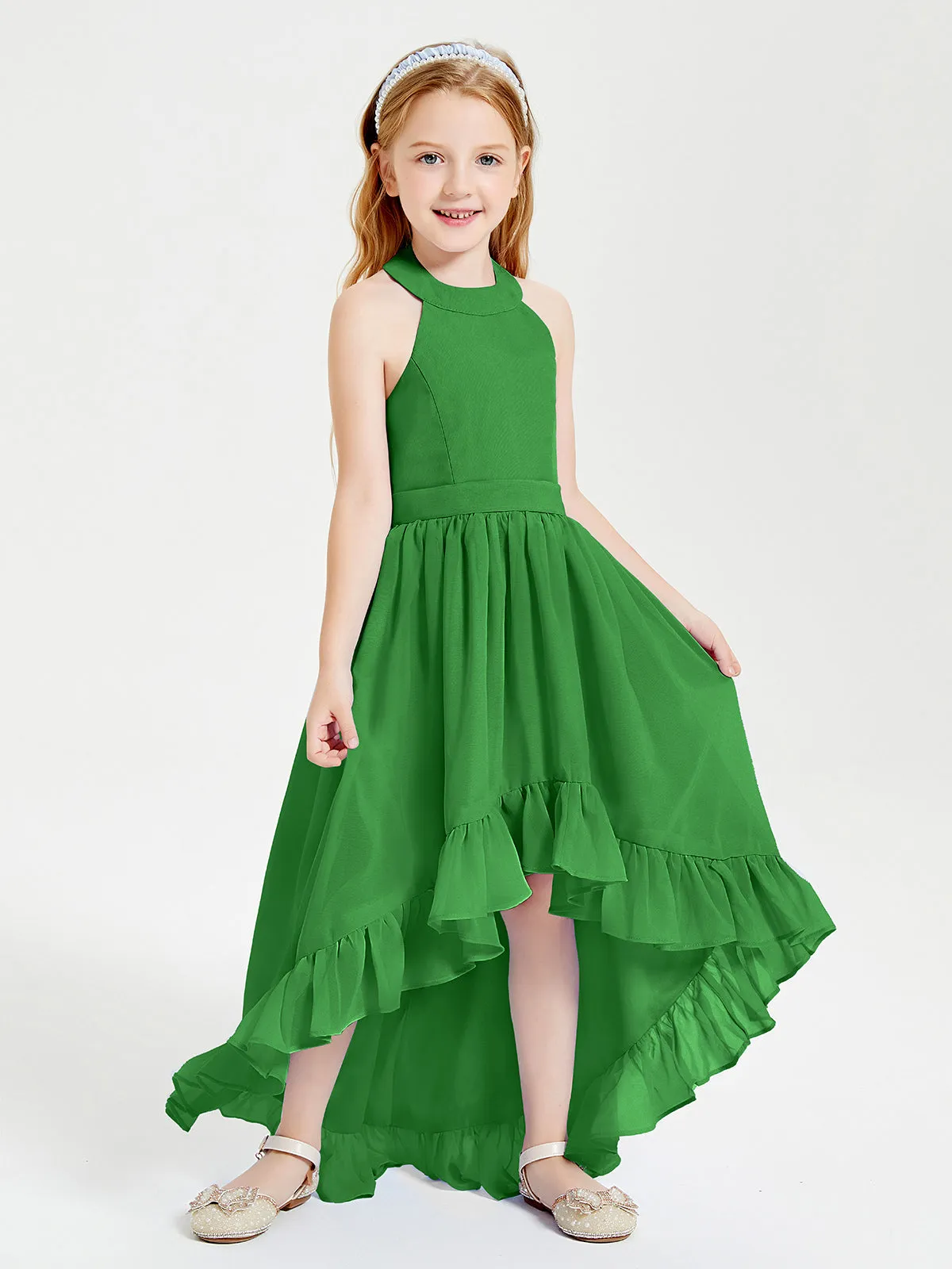 Boho Junior Bridesmaid Dresses Asymmetrical Cascading Skirt Green