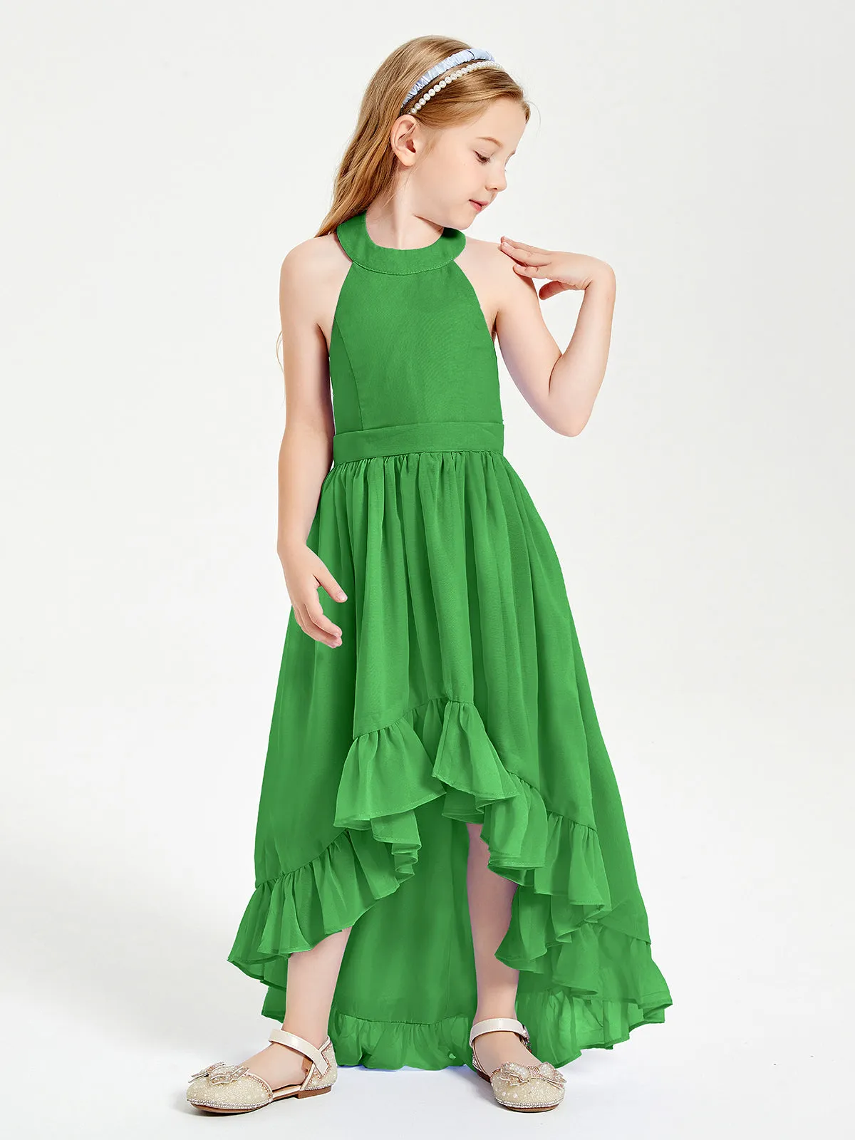 Boho Junior Bridesmaid Dresses Asymmetrical Cascading Skirt Green