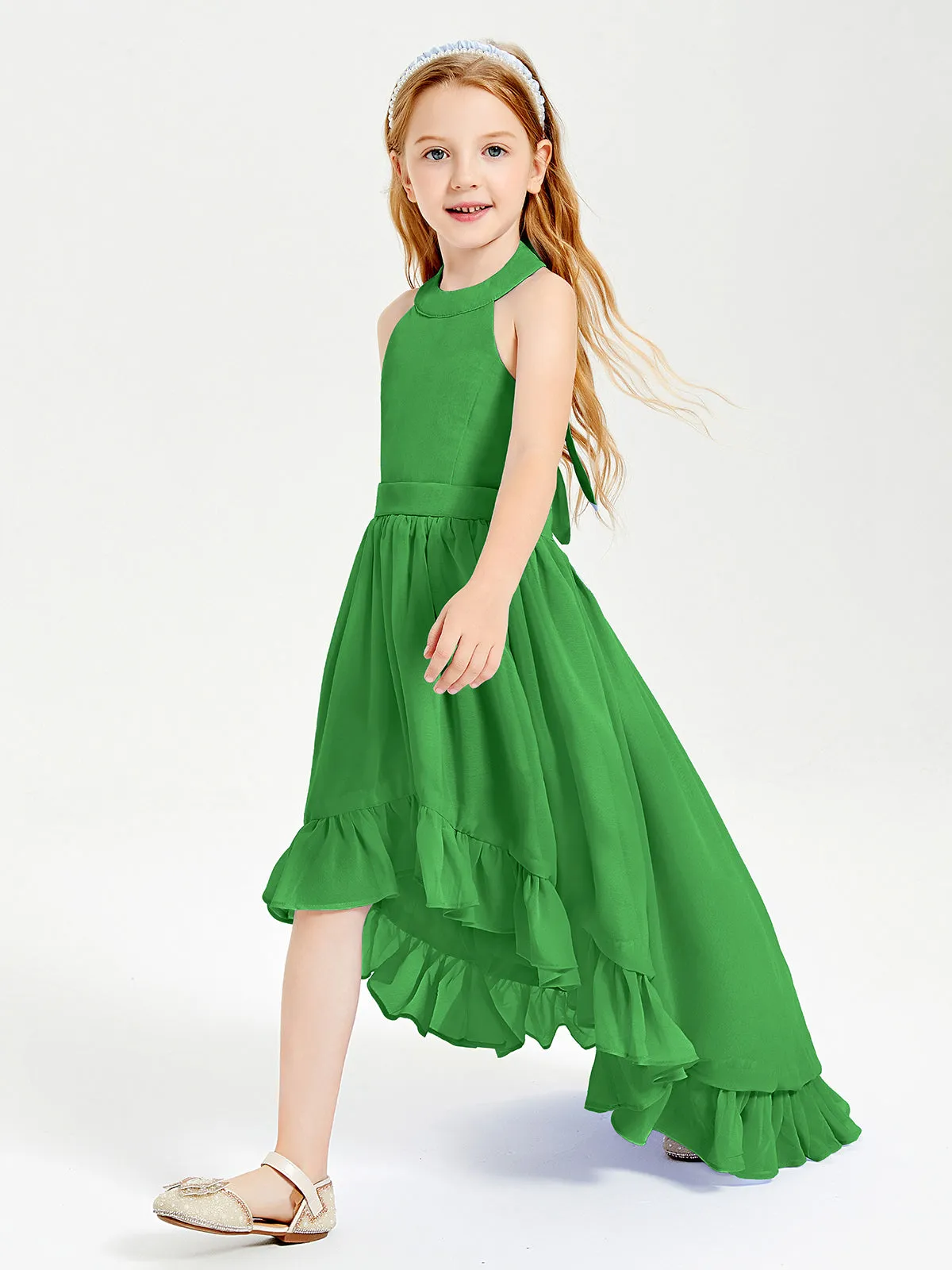 Boho Junior Bridesmaid Dresses Asymmetrical Cascading Skirt Green