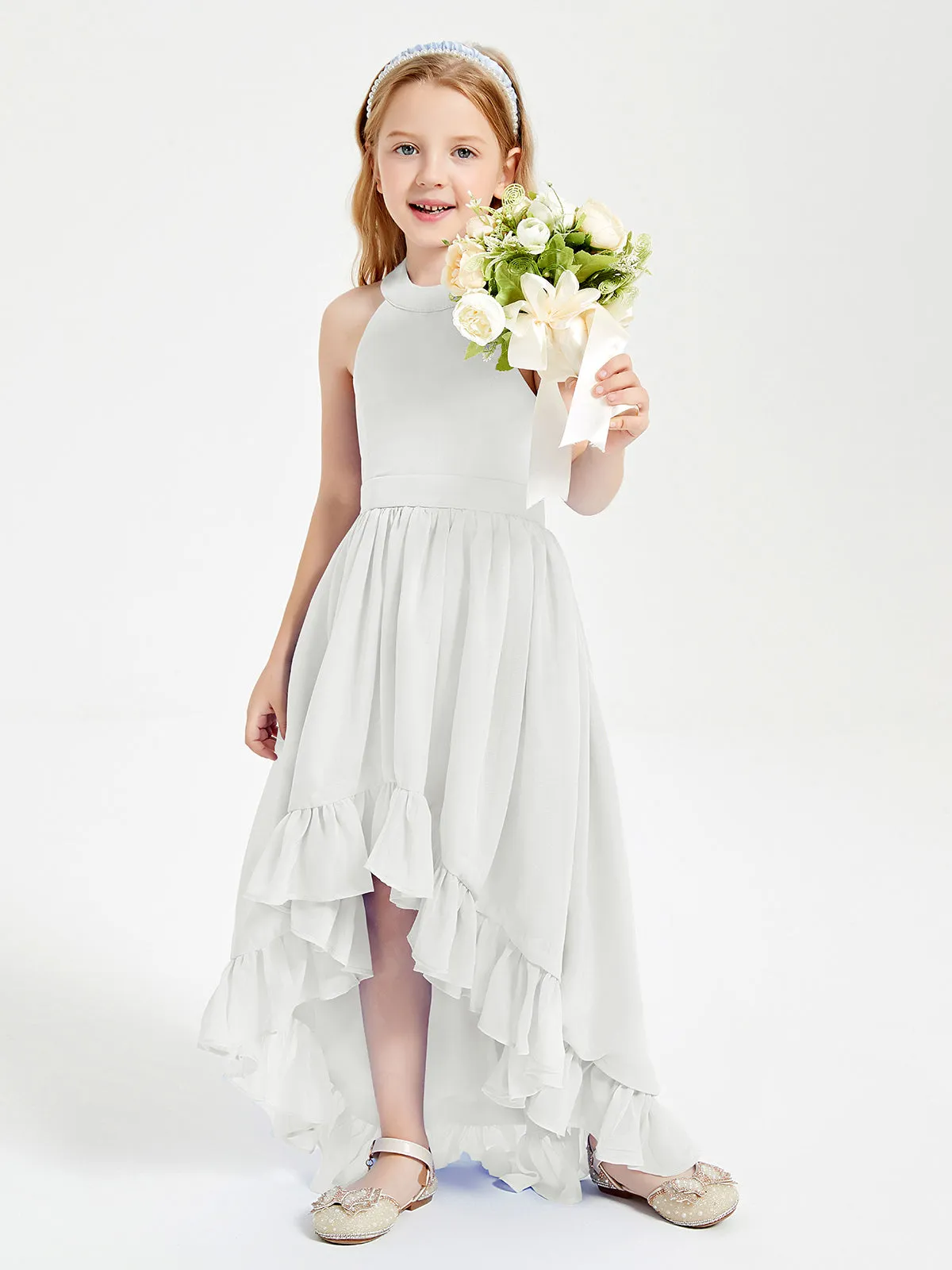 Boho Junior Bridesmaid Dresses Asymmetrical Cascading Skirt Ivory