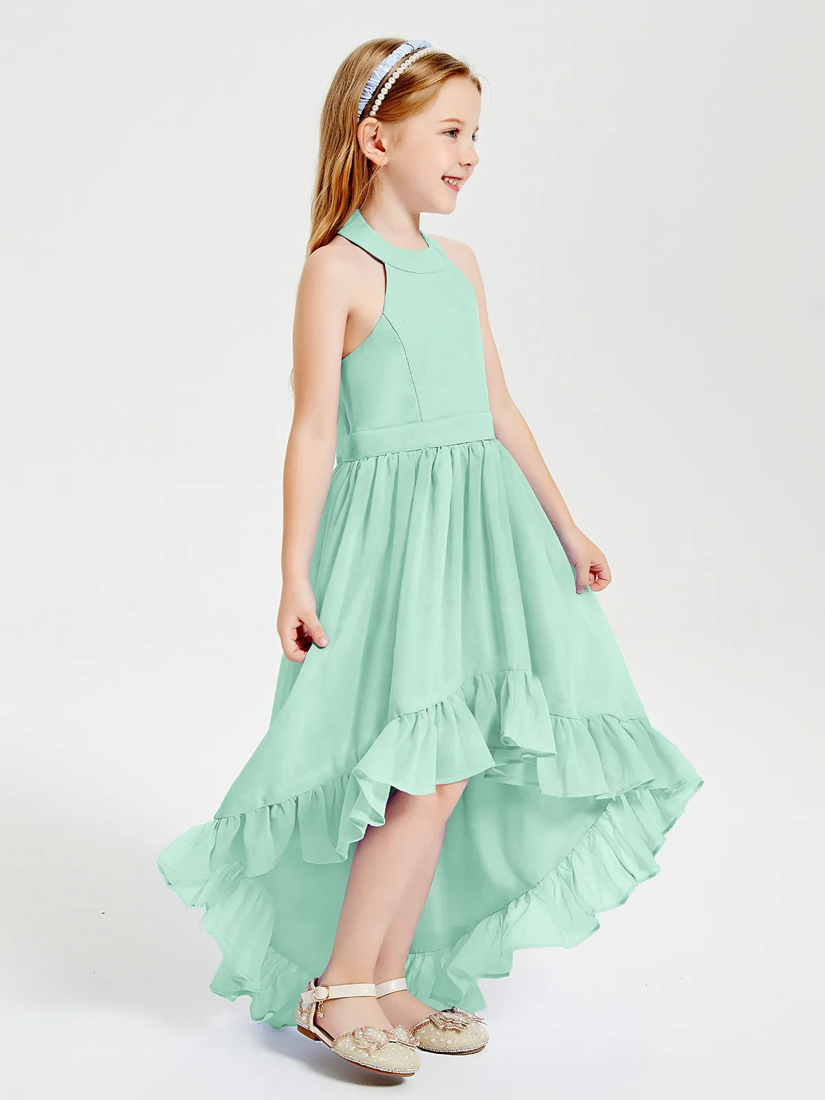 Boho Junior Bridesmaid Dresses Asymmetrical Cascading Skirt Mint Green